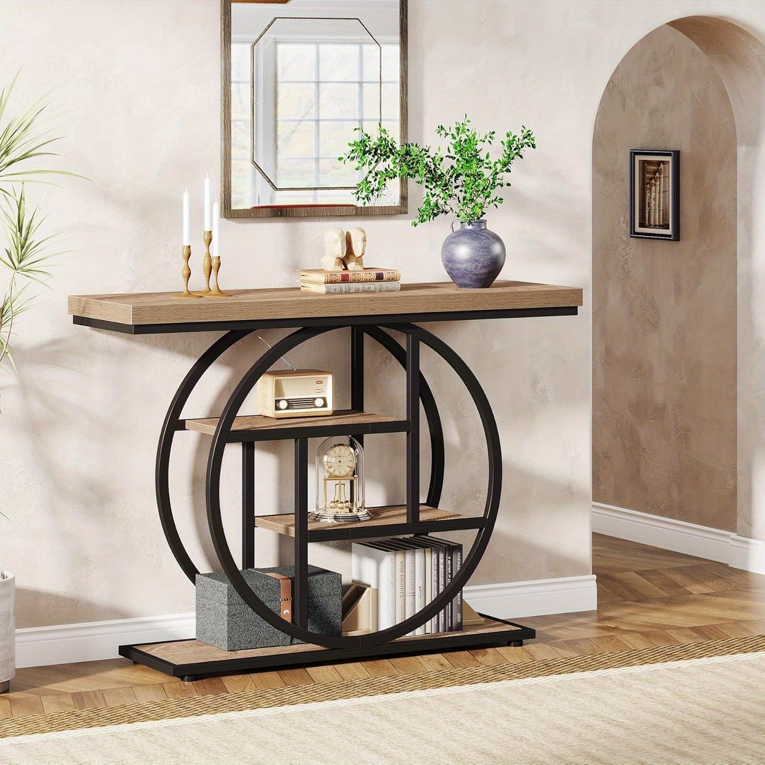 105.2 cm Console Table, Modern 4-Tier Sofa Table Entryway Table with Circle Base, Narrow Wood Accent Tables with Storage Shelves for Living Room, Hallway, Foyer, Christmas Renewal