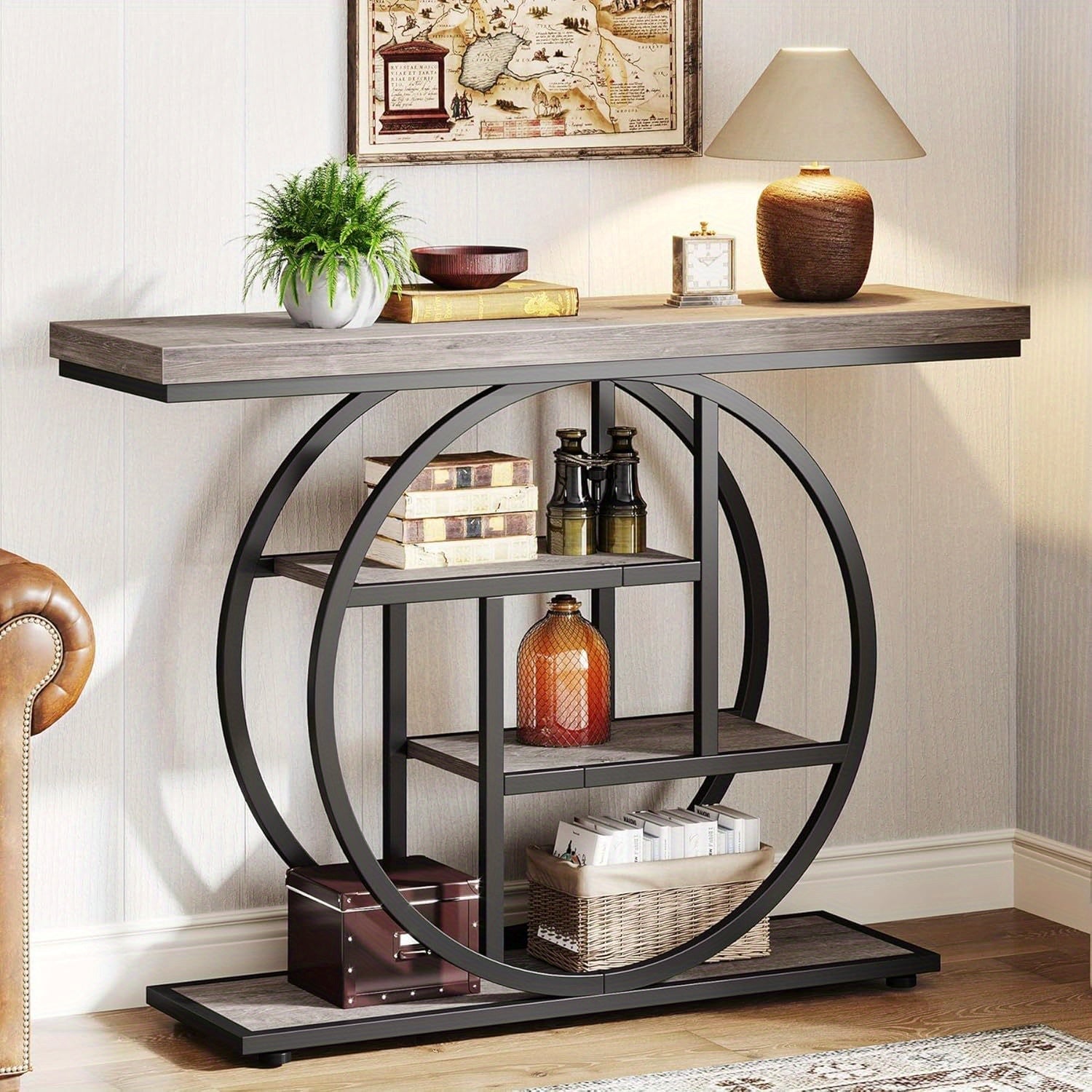 105.2 cm Console Table, Modern 4-Tier Sofa Table Entryway Table with Circle Base, Narrow Wood Accent Tables with Storage Shelves for Living Room, Hallway, Foyer, Christmas Renewal