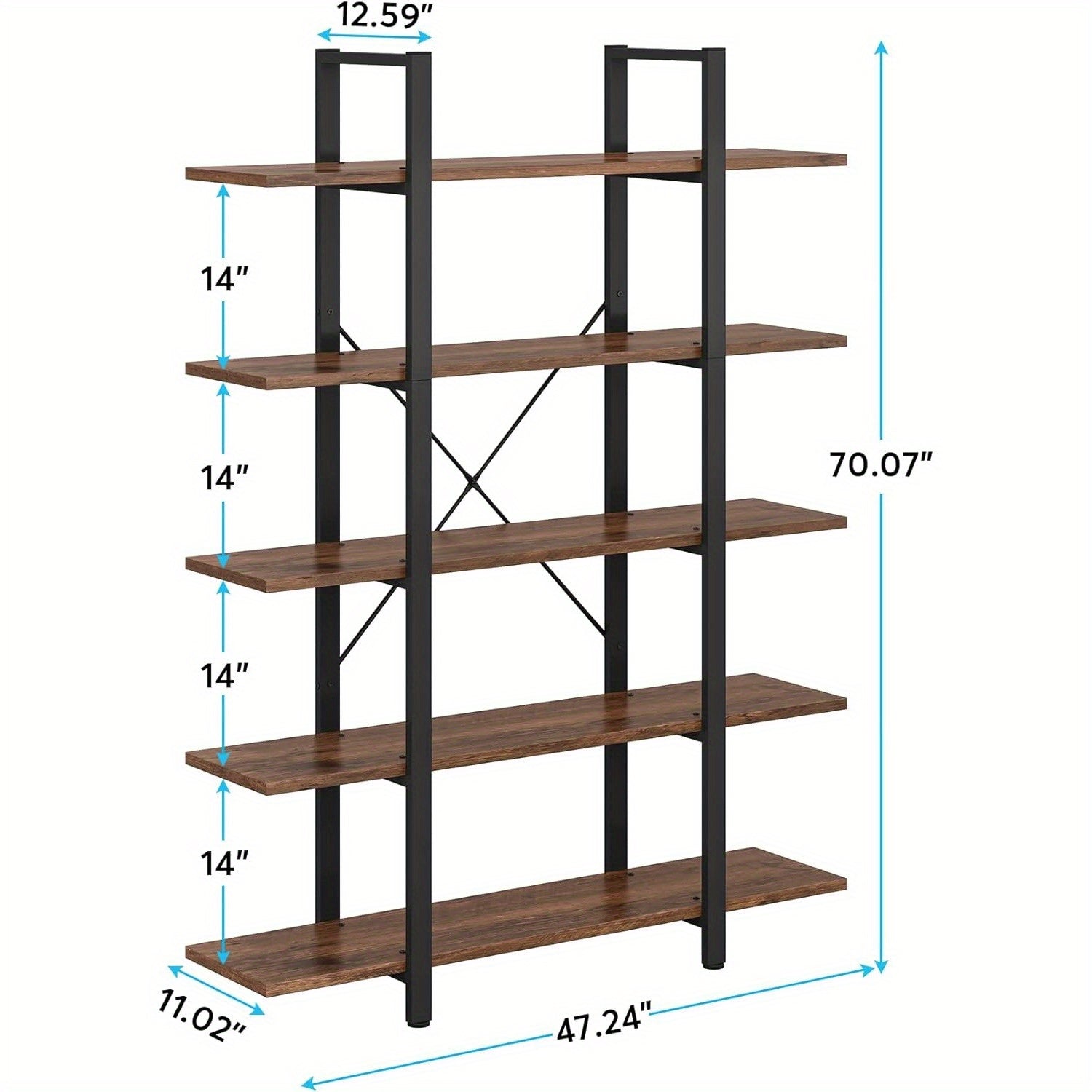 5-Tier Bookshelf, Vintage Modern Style Bookcase 70 ‘’ H x 12’’ W x 47’’L, Christmas Renewal