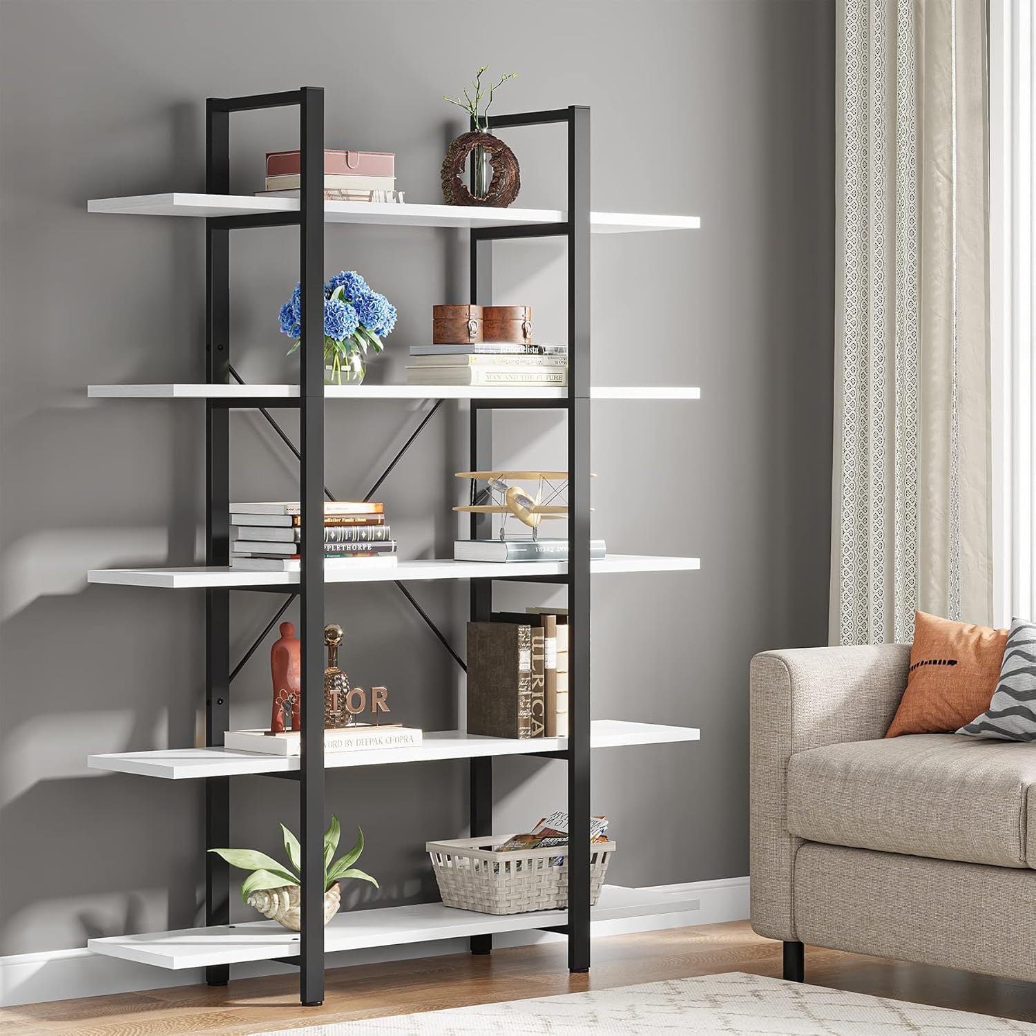 5-Tier Bookshelf, Vintage Modern Style Bookcase 70 ‘’ H x 12’’ W x 47’’L, Christmas Renewal