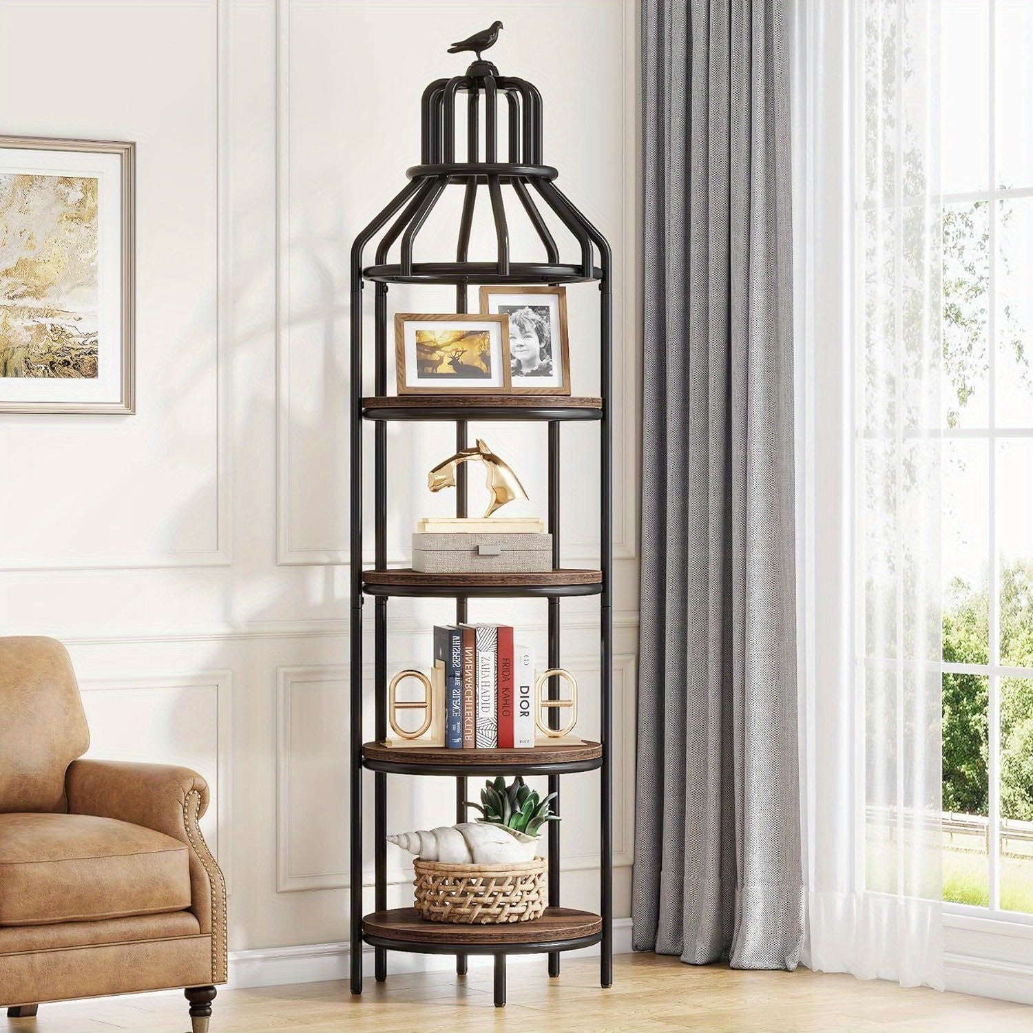 4-Tier Rustic & Modern Bookshelf - Narrow Tall Freestanding Bookcase in Black Metal & Wood, Ideal for Living Room, Home Office, Kitchen - Features Open Shelves for Decor & Storage, Sturdy Construction, Bookshelf Decorations