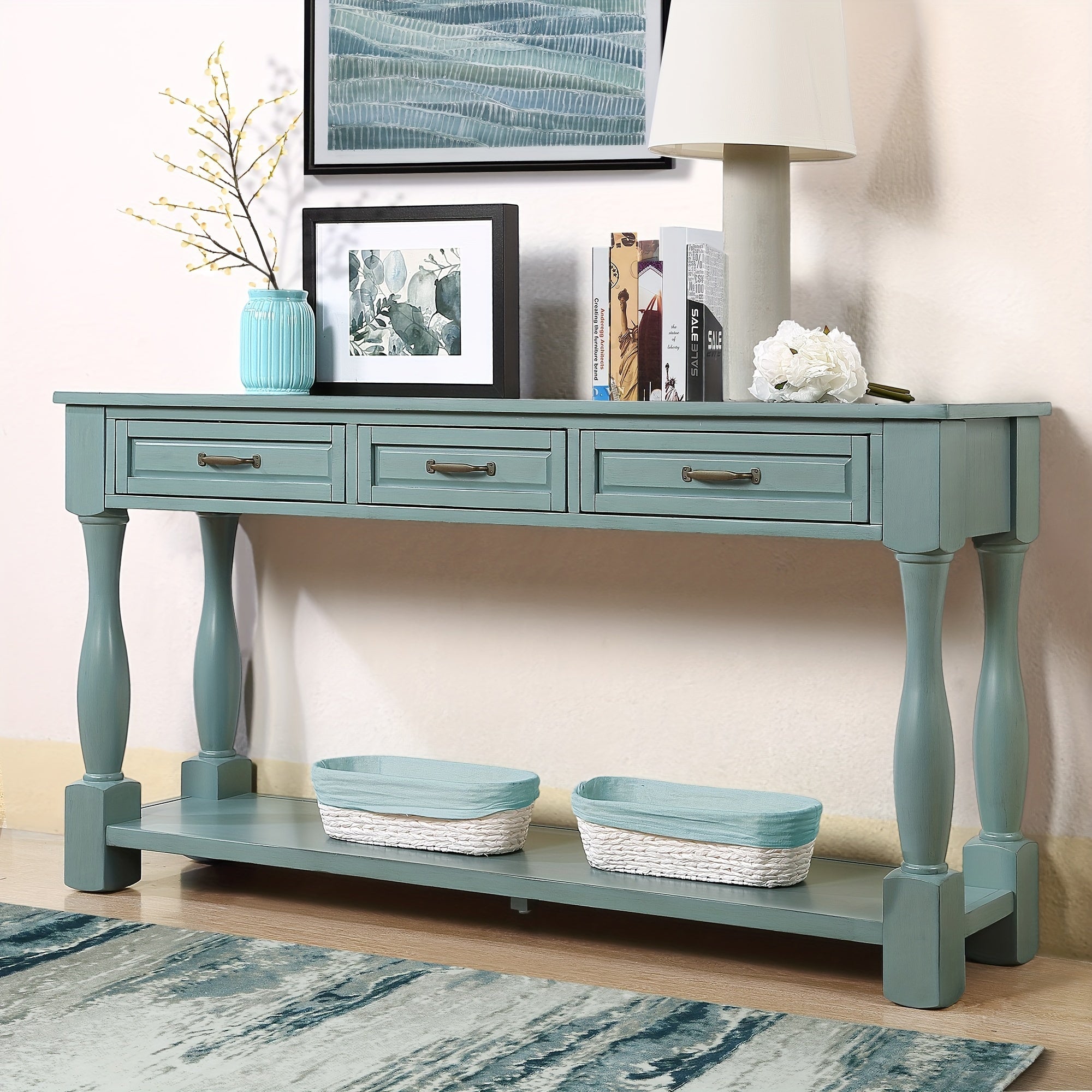 160 cm Long Wood Console Table - Sofa & Console Tables with 3 Spacious Drawers, 1 Bottom Shelf, Easy Assembly and Extra-thick Design for Entryway and Hallway