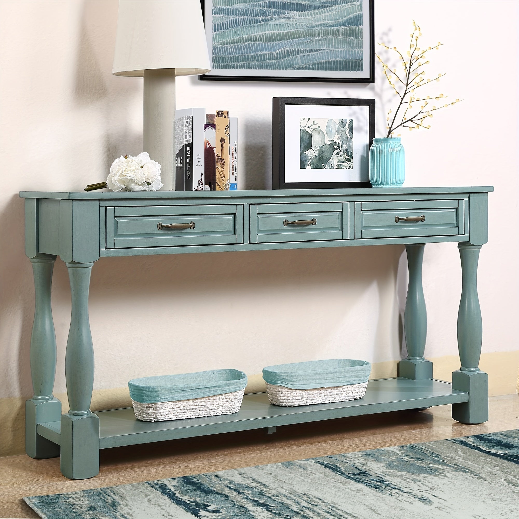 160 cm Long Wood Console Table - Sofa & Console Tables with 3 Spacious Drawers, 1 Bottom Shelf, Easy Assembly and Extra-thick Design for Entryway and Hallway