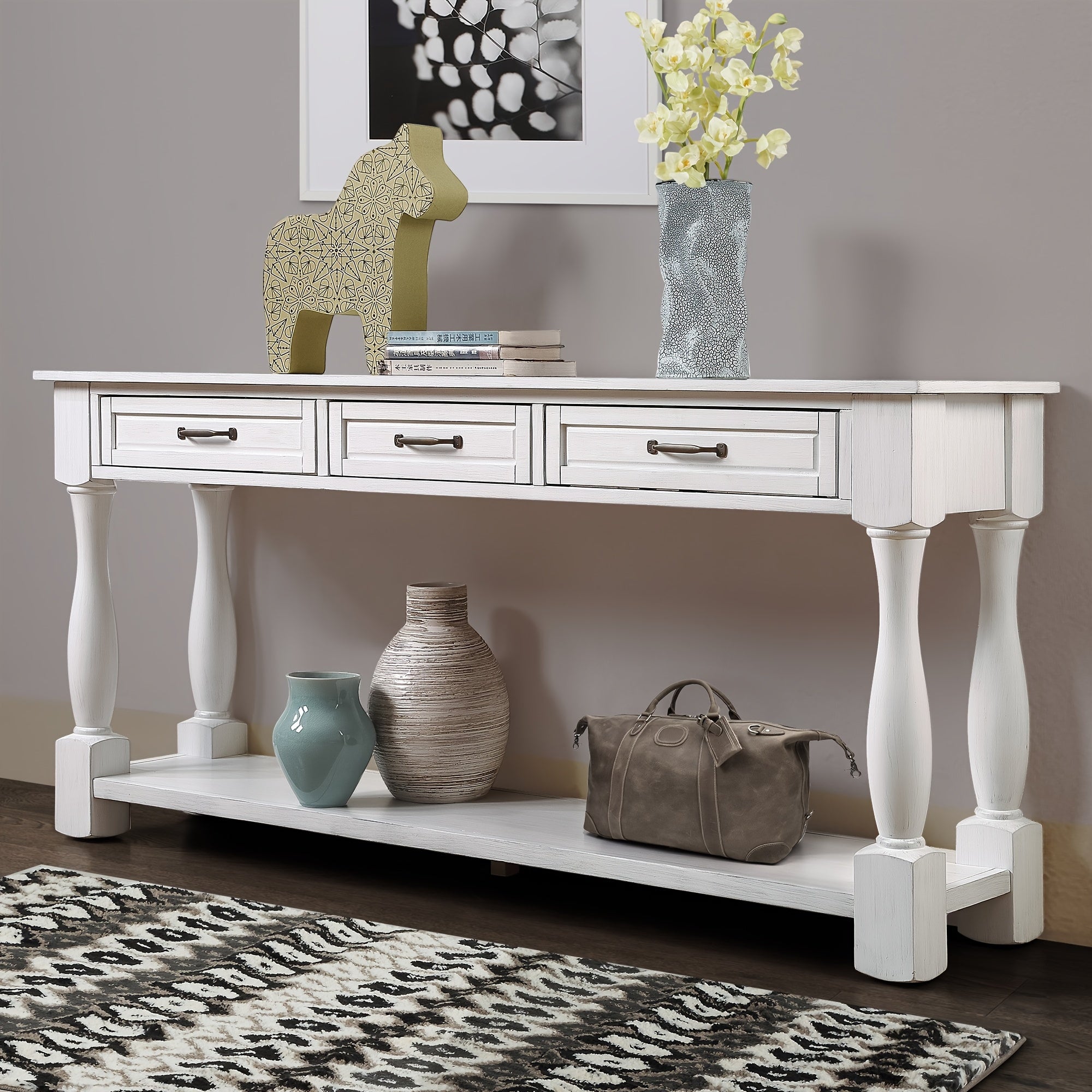 160 cm Long Wood Console Table - Sofa & Console Tables with 3 Spacious Drawers, 1 Bottom Shelf, Easy Assembly and Extra-thick Design for Entryway and Hallway