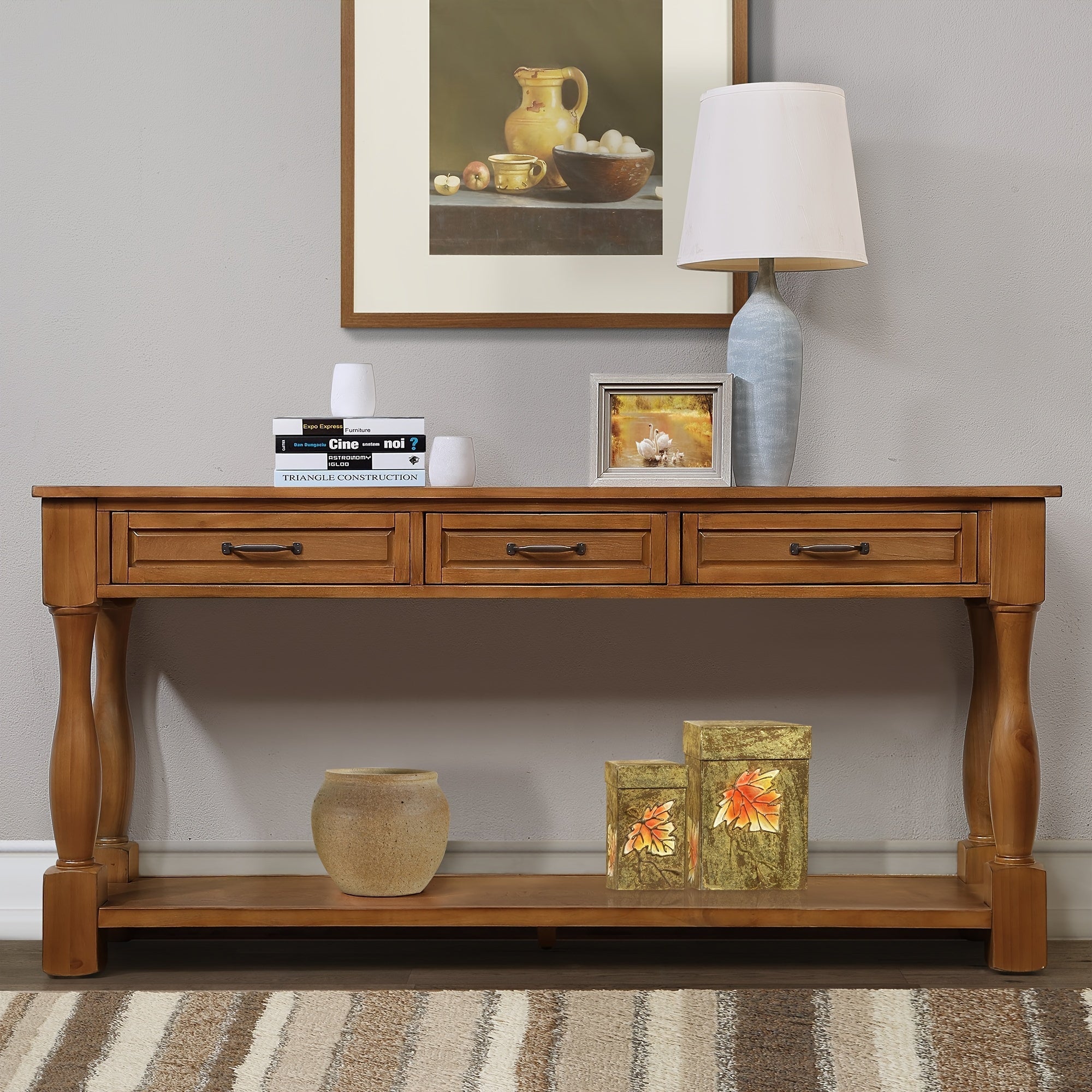 160 cm Long Wood Console Table - Sofa & Console Tables with 3 Spacious Drawers, 1 Bottom Shelf, Easy Assembly and Extra-thick Design for Entryway and Hallway