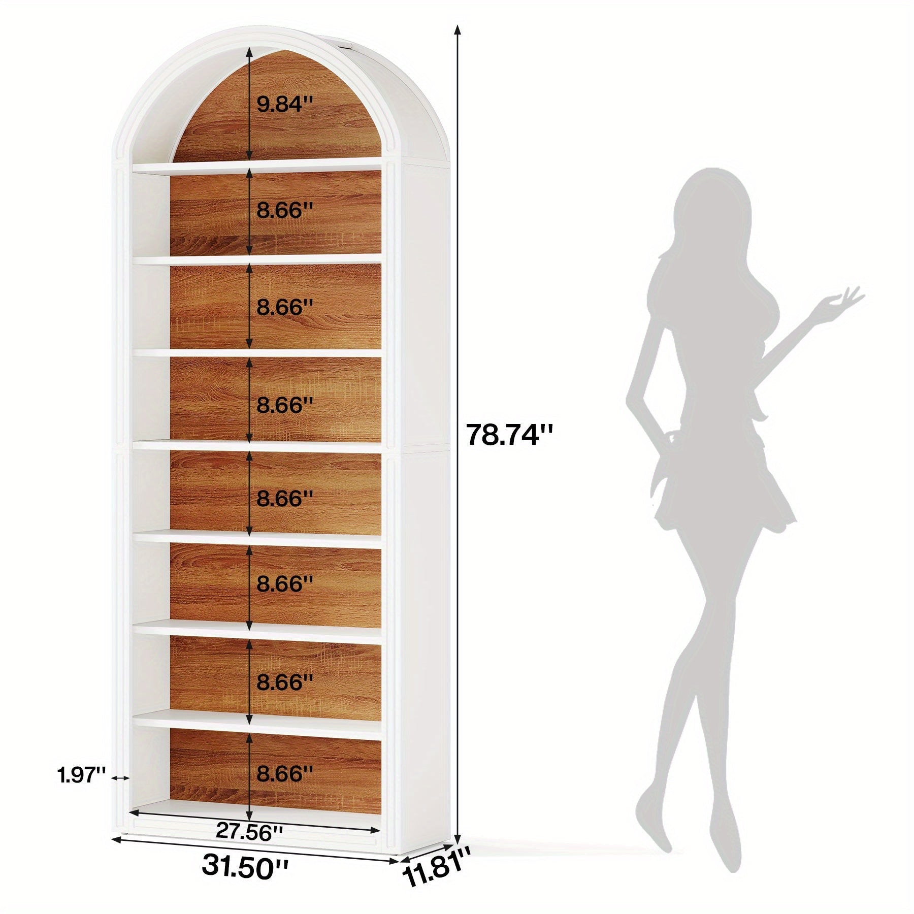 198cm Bookshelf, Wooden Arched Bookcase Display Rack, Wall Anchor Kit, Prevents Tipping