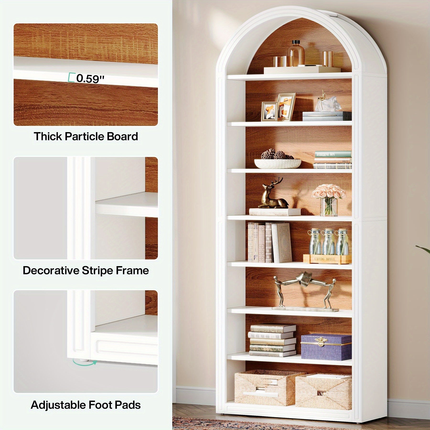 198cm Bookshelf, Wooden Arched Bookcase Display Rack, Wall Anchor Kit, Prevents Tipping