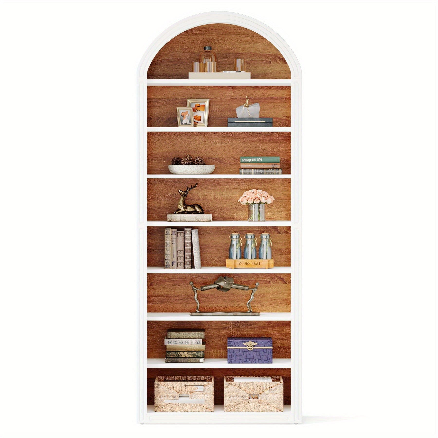 198cm Bookshelf, Wooden Arched Bookcase Display Rack, Wall Anchor Kit, Prevents Tipping