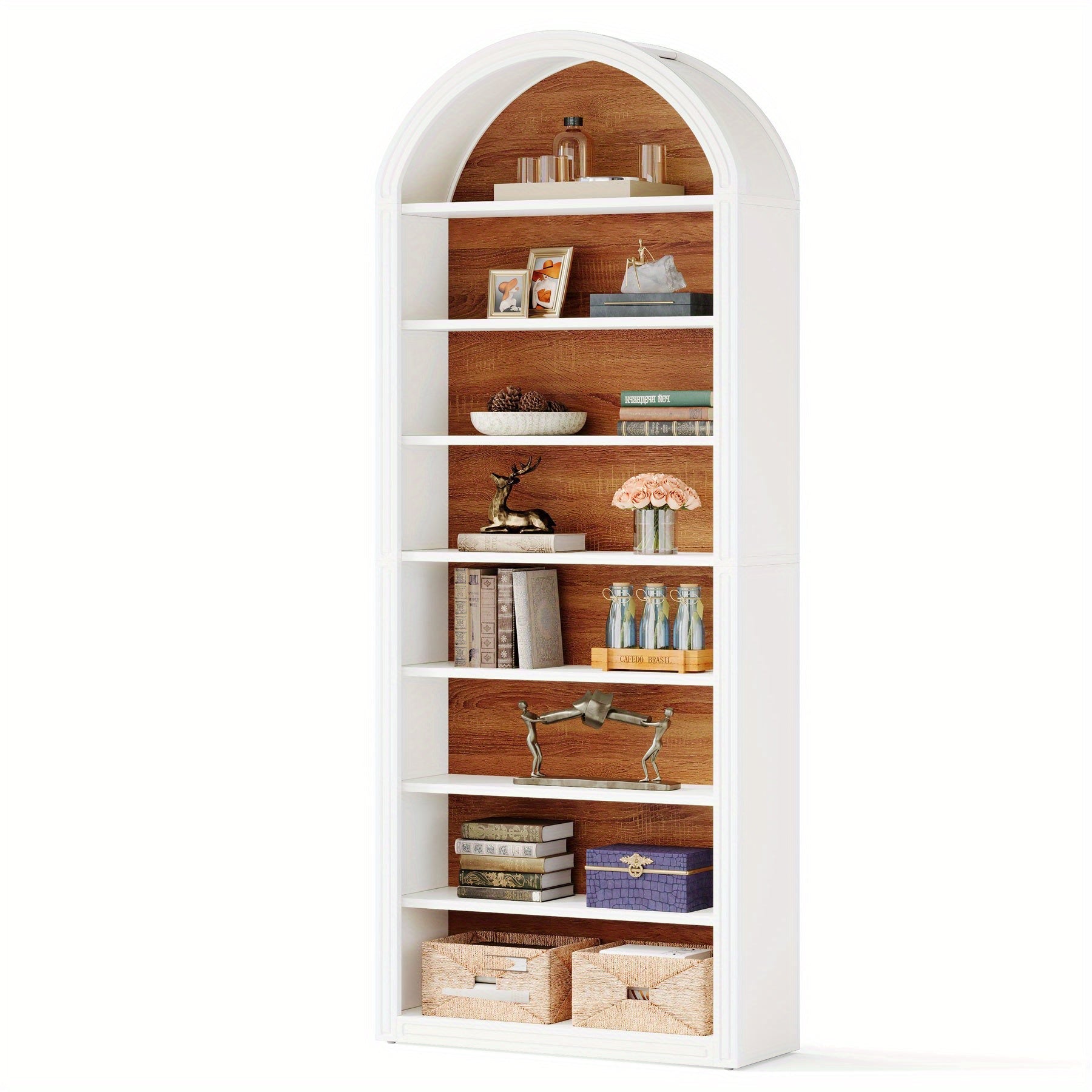 198cm Bookshelf, Wooden Arched Bookcase Display Rack, Wall Anchor Kit, Prevents Tipping