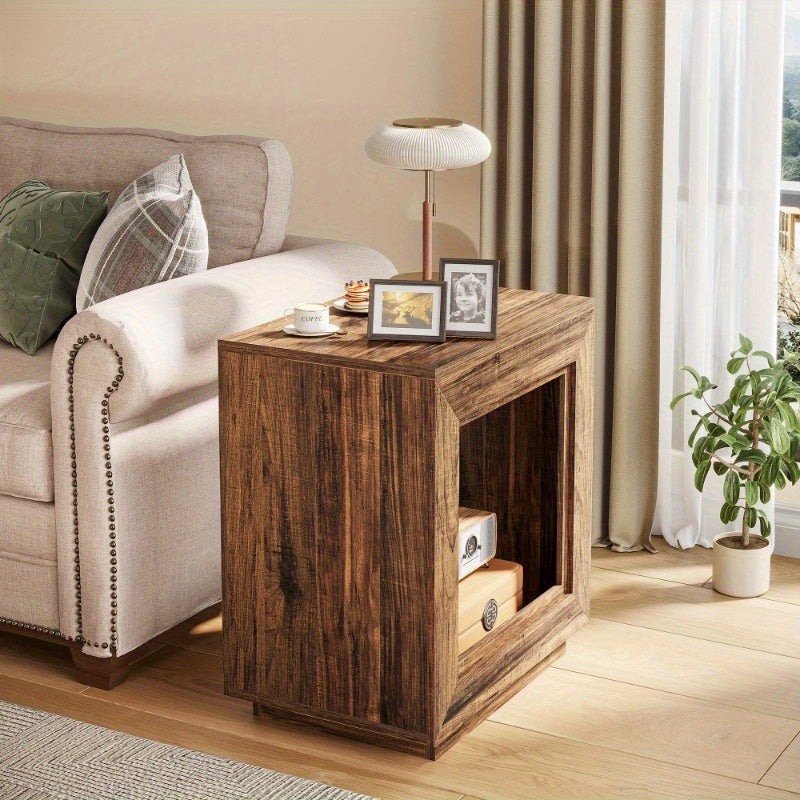 64cm Solid Wood Side Table, Square Side Table, Bedside Table with Storage Function