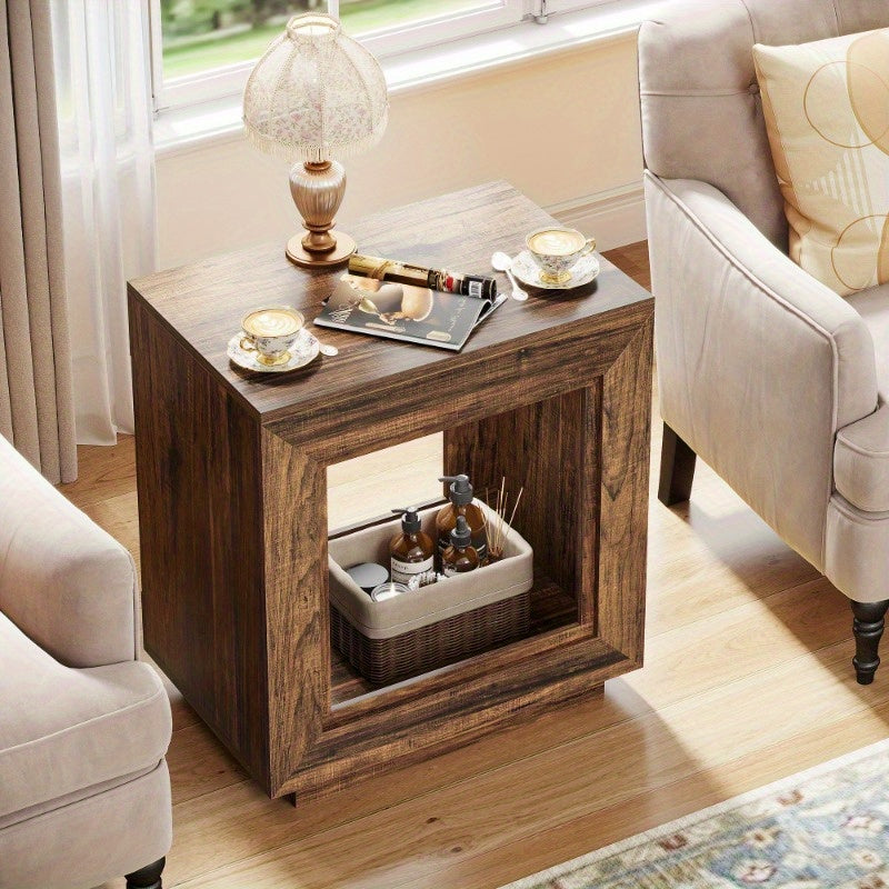 64cm Solid Wood Side Table, Square Side Table, Bedside Table with Storage Function