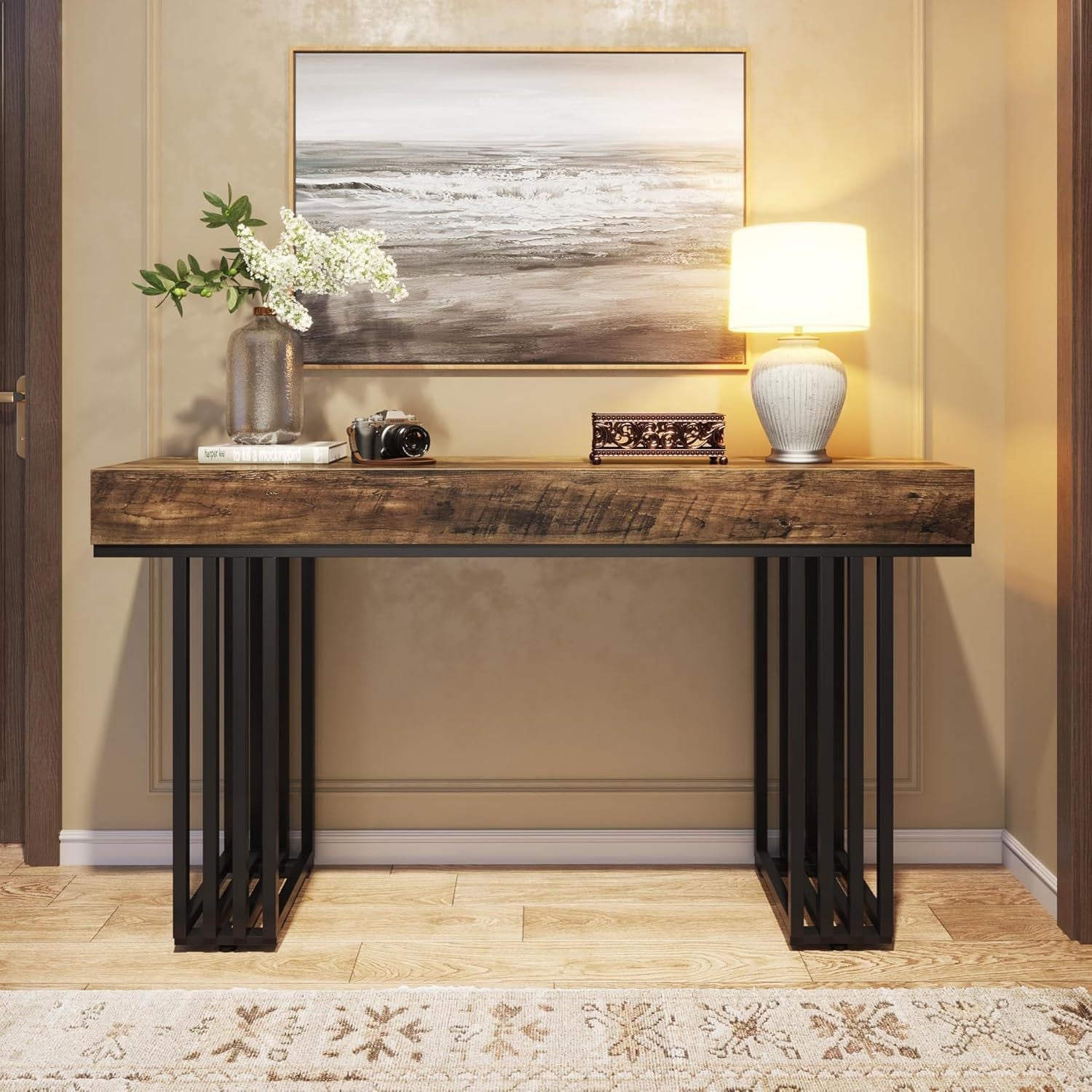 140 cm Industrial Console Table with Rustic Hardwood Top and Stylish Metal Frame - Space-Saving Design for Entryway, Living Room, or Hallway Decor, Adjustable Foot Pads for Stability