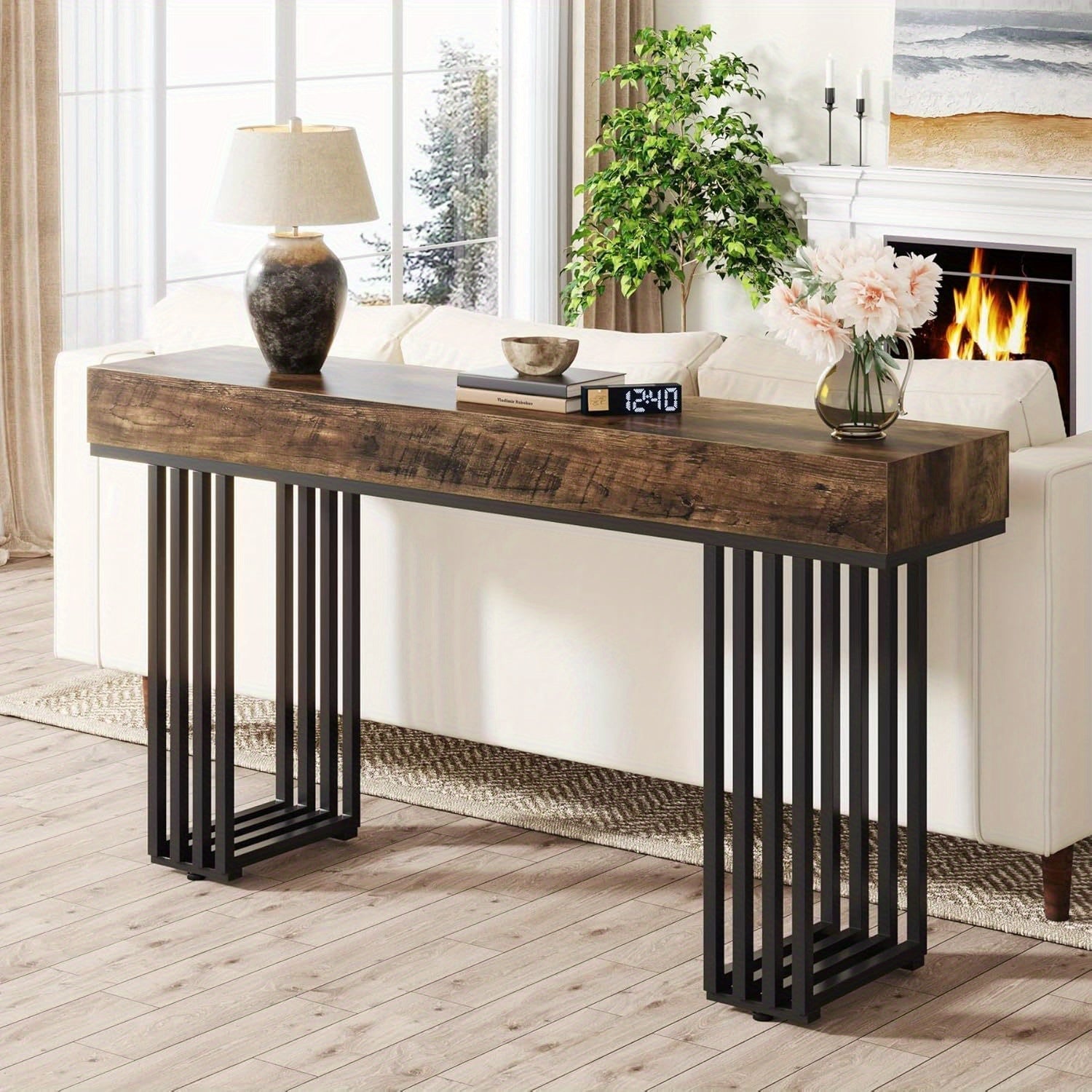 140 cm Industrial Console Table with Rustic Hardwood Top and Stylish Metal Frame - Space-Saving Design for Entryway, Living Room, or Hallway Decor, Adjustable Foot Pads for Stability