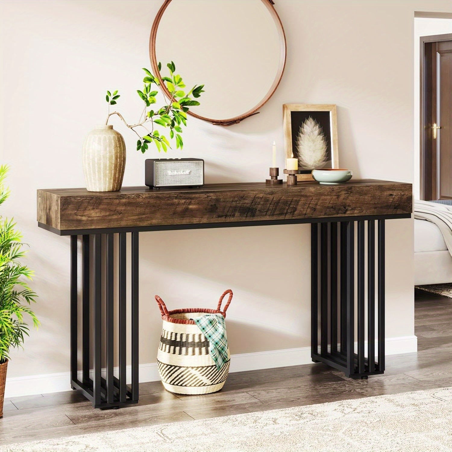 140 cm Industrial Console Table with Rustic Hardwood Top and Stylish Metal Frame - Space-Saving Design for Entryway, Living Room, or Hallway Decor, Adjustable Foot Pads for Stability