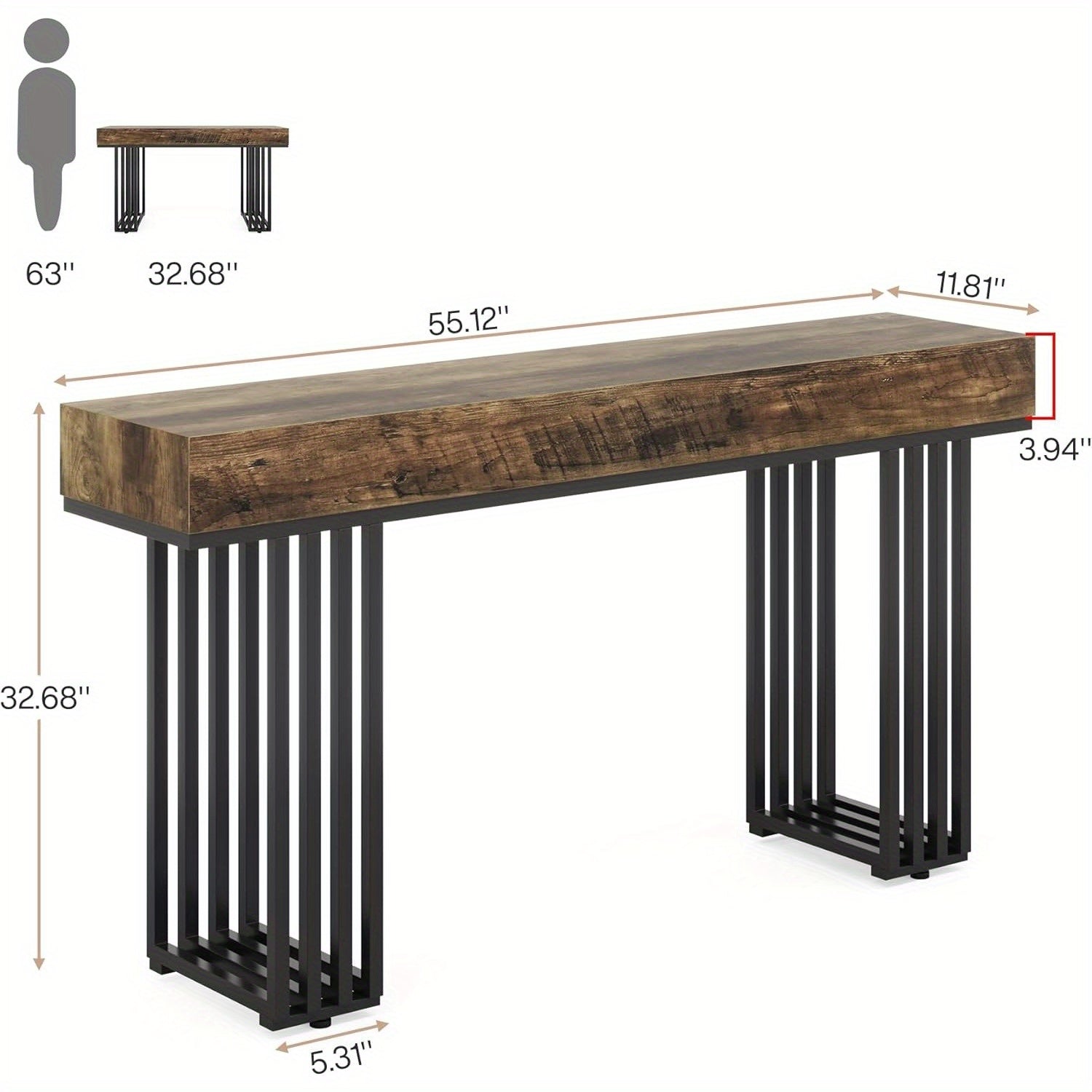 140 cm Industrial Console Table with Rustic Hardwood Top and Stylish Metal Frame - Space-Saving Design for Entryway, Living Room, or Hallway Decor, Adjustable Foot Pads for Stability