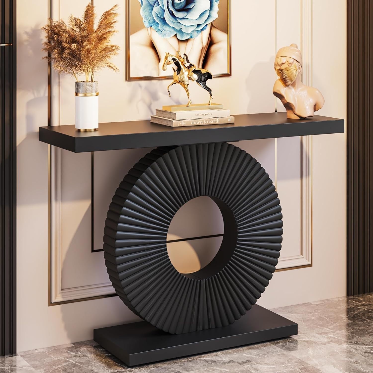 Modern Console Table with Geometric Base, 102 cm Wood Entryway Table Sofa Table Narrow Long, Contemporary Accent Table for Living Room, Entryway, Hallway, Christmas Renewal