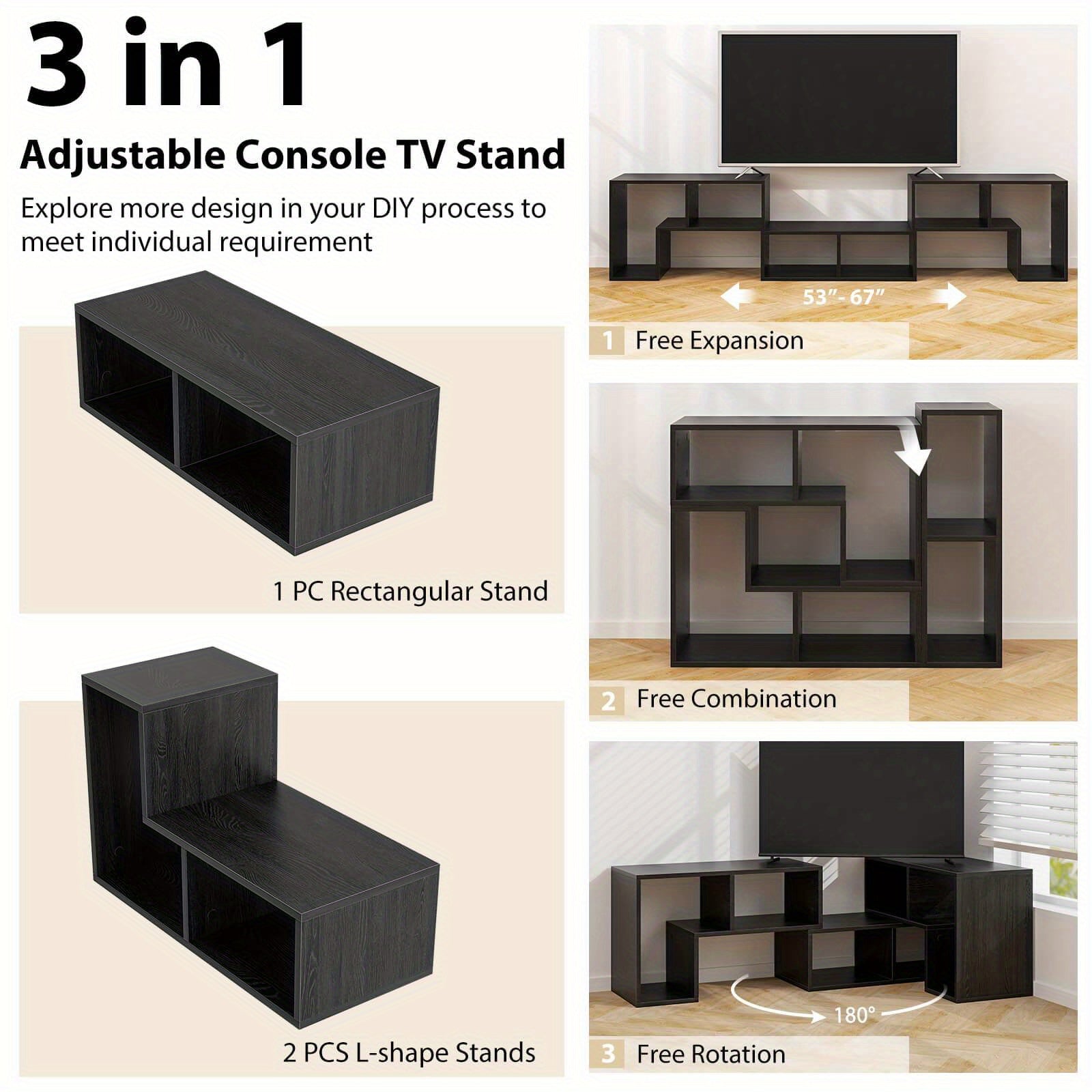 TV Stand for Up to 65" TVs, 3-Piece Convertible TV Console Unit with Storage Cubes, Media Cabinet Entertainment Center for Living Room Bedroom Home Office, Black Wood Grain/White/Black/Rustic Brown