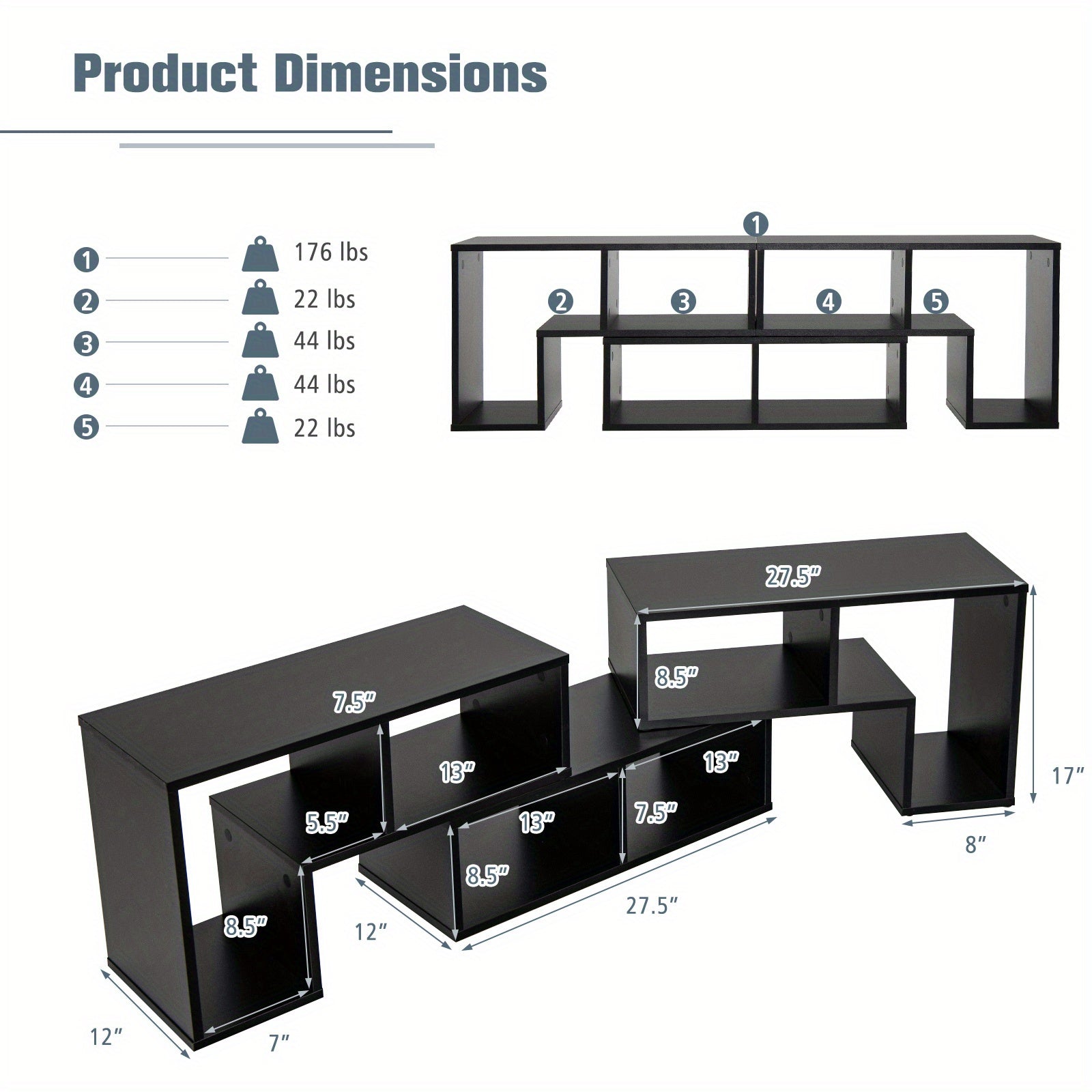 TV Stand for Up to 65" TVs, 3-Piece Convertible TV Console Unit with Storage Cubes, Media Cabinet Entertainment Center for Living Room Bedroom Home Office, Black Wood Grain/White/Black/Rustic Brown