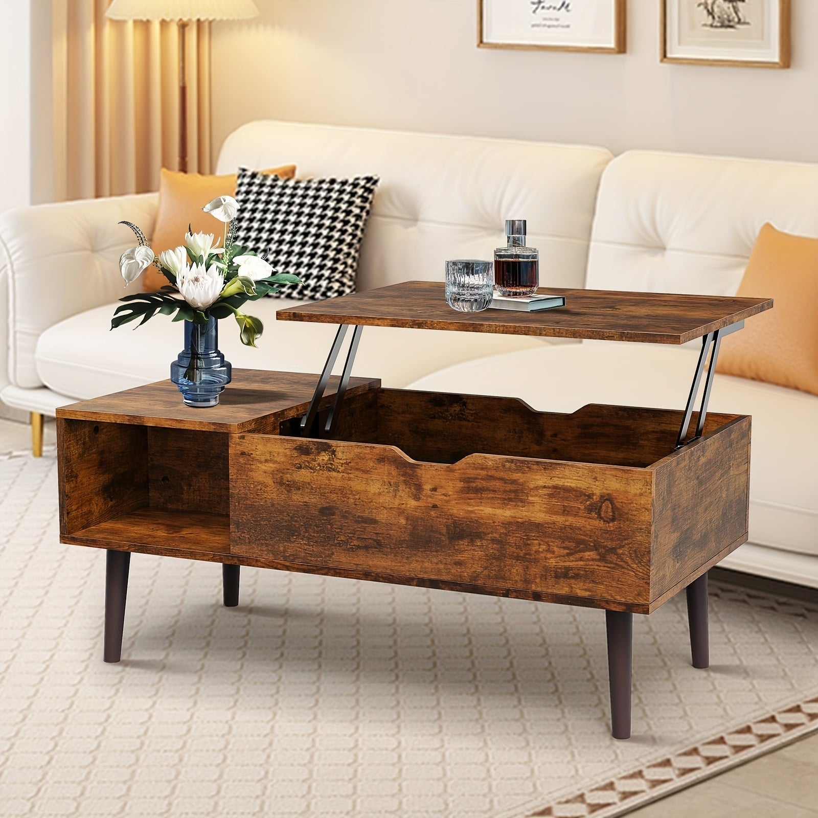 Lift Top Coffee Table with Storage - Modern Mid Century Entertainment Center for 140-152cm TV, Wooden Furniture with Hidden Compartment, Ample Shelf Space, and Stylish Design for Living Room or Office