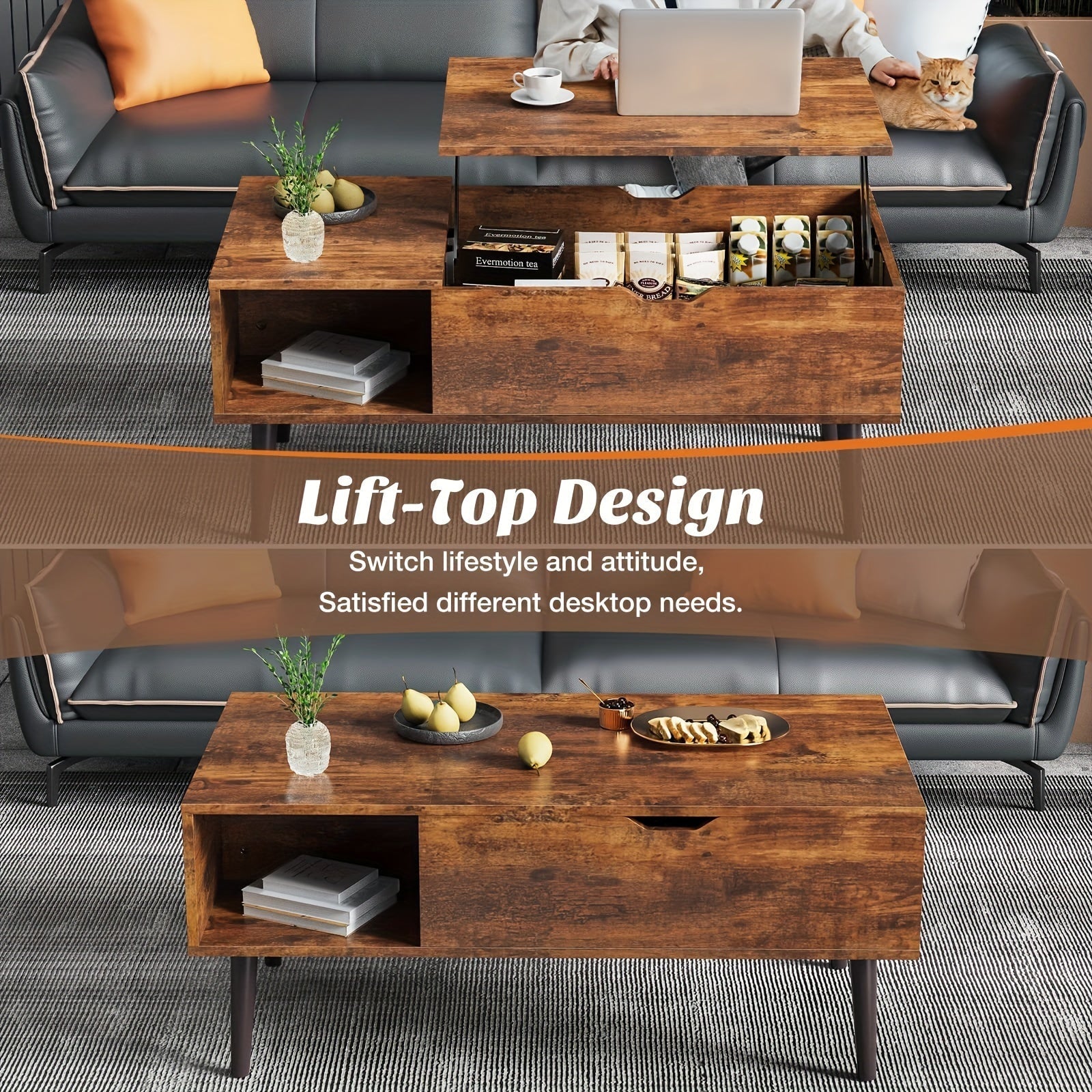 Lift Top Coffee Table with Storage - Modern Mid Century Entertainment Center for 140-152cm TV, Wooden Furniture with Hidden Compartment, Ample Shelf Space, and Stylish Design for Living Room or Office