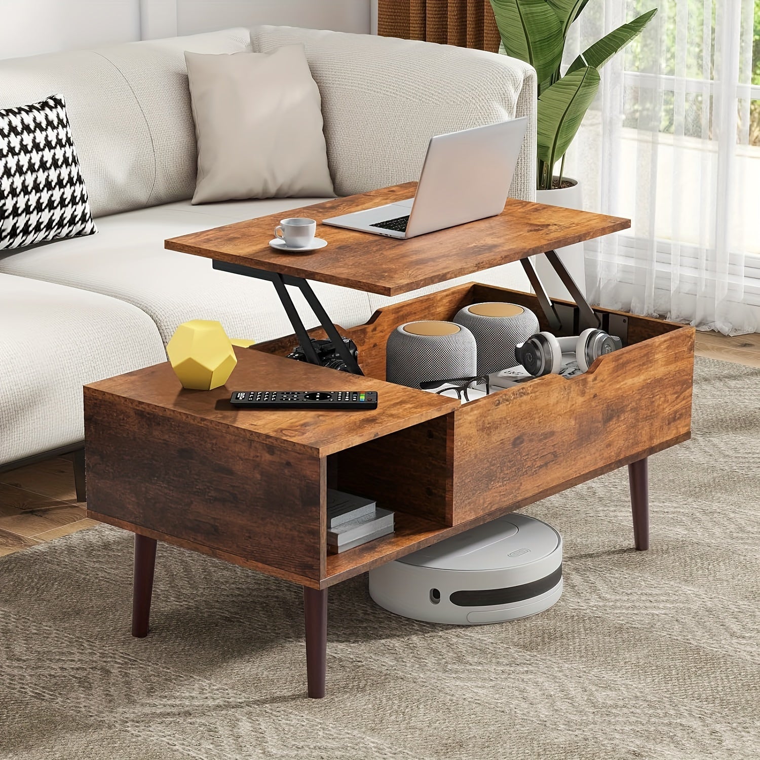 Lift Top Coffee Table with Storage - Modern Mid Century Entertainment Center for 140-152cm TV, Wooden Furniture with Hidden Compartment, Ample Shelf Space, and Stylish Design for Living Room or Office