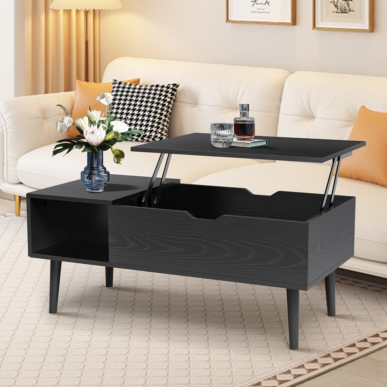 Lift Top Coffee Table with Storage - Modern Mid Century Entertainment Center for 140-152cm TV, Wooden Furniture with Hidden Compartment, Ample Shelf Space, and Stylish Design for Living Room or Office