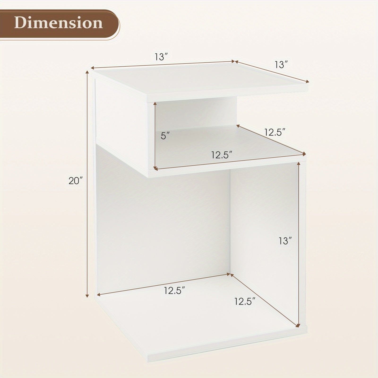 S-Shaped Side Table for Small Space, Sofa End Table with 2 Open Compartments, Modern Nightstand for Living Room, Bedroom & Study, White