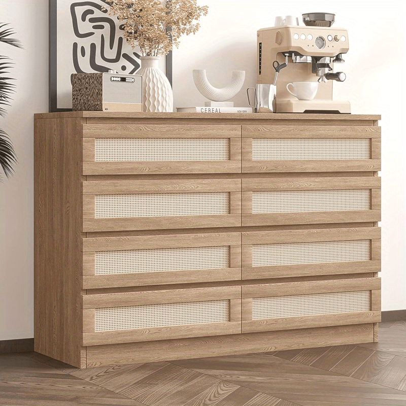 8 Drawer Double Dresser with Rattan Chest of Drawers Wooden Chest Beside Table for Wardrobe Nursery Living Room and Entryway