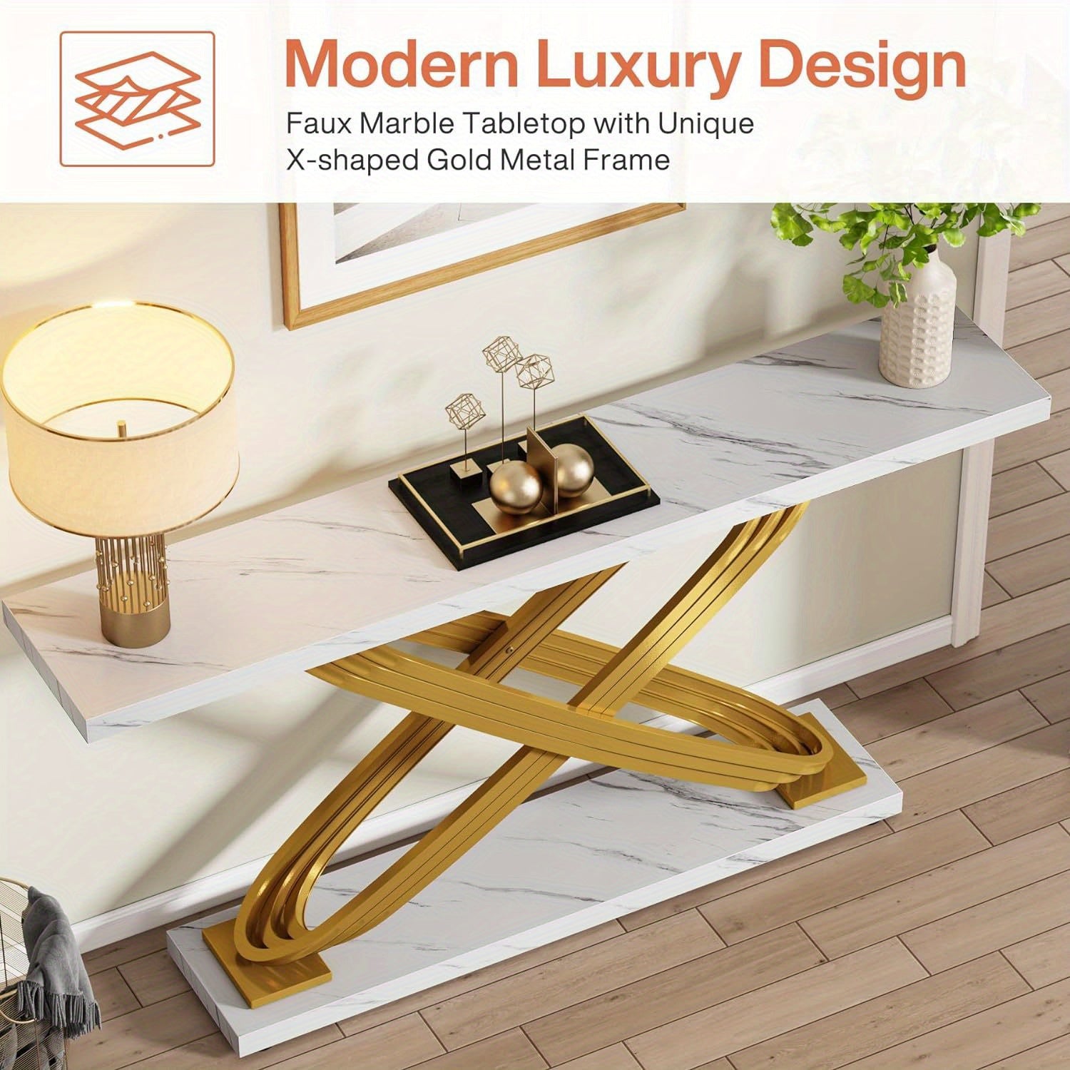 140 cm Modern Console Table, Faux Marble Gold Entryway Table Behind Sofa Couch, Narrow Rectangular Sofa Table for Living Room, Bedroom, Front Hall, Hallway, Gold & White