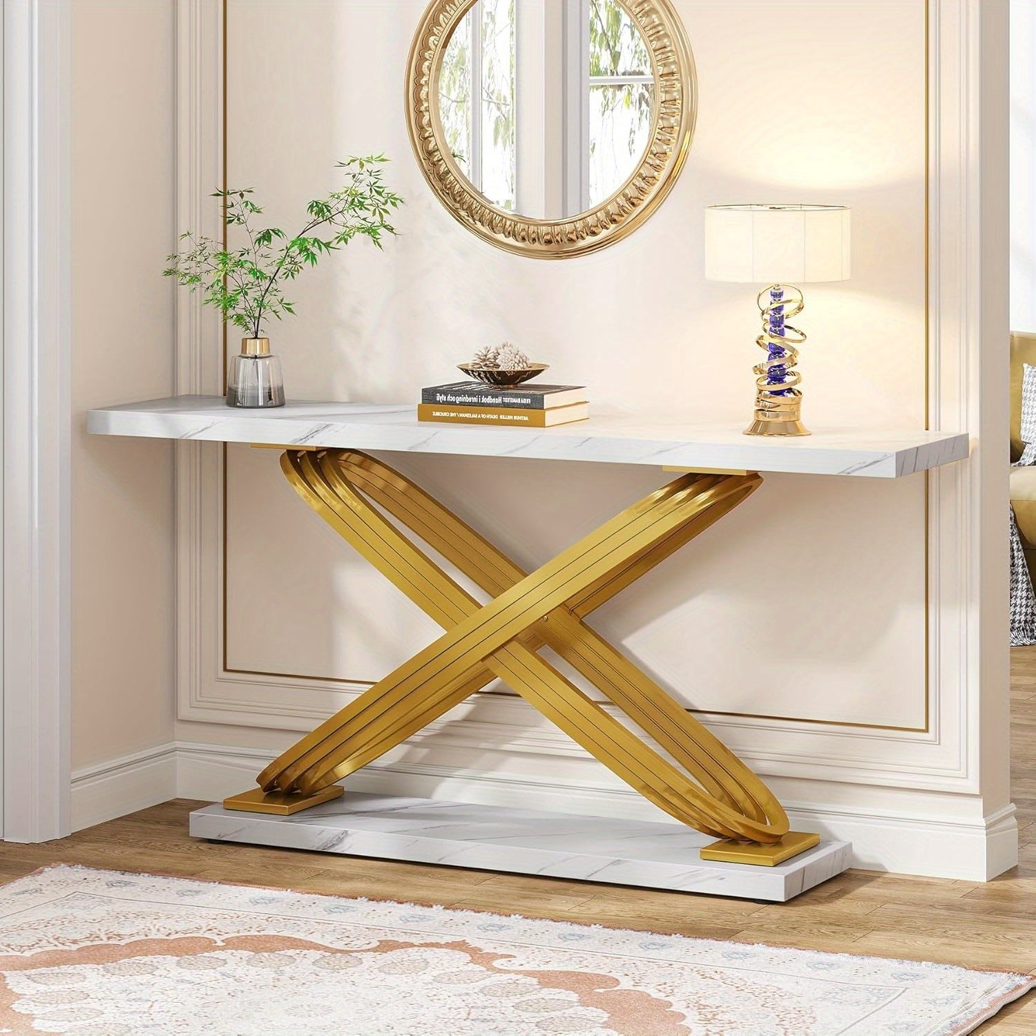 140 cm Modern Console Table, Faux Marble Gold Entryway Table Behind Sofa Couch, Narrow Rectangular Sofa Table for Living Room, Bedroom, Front Hall, Hallway, Gold & White