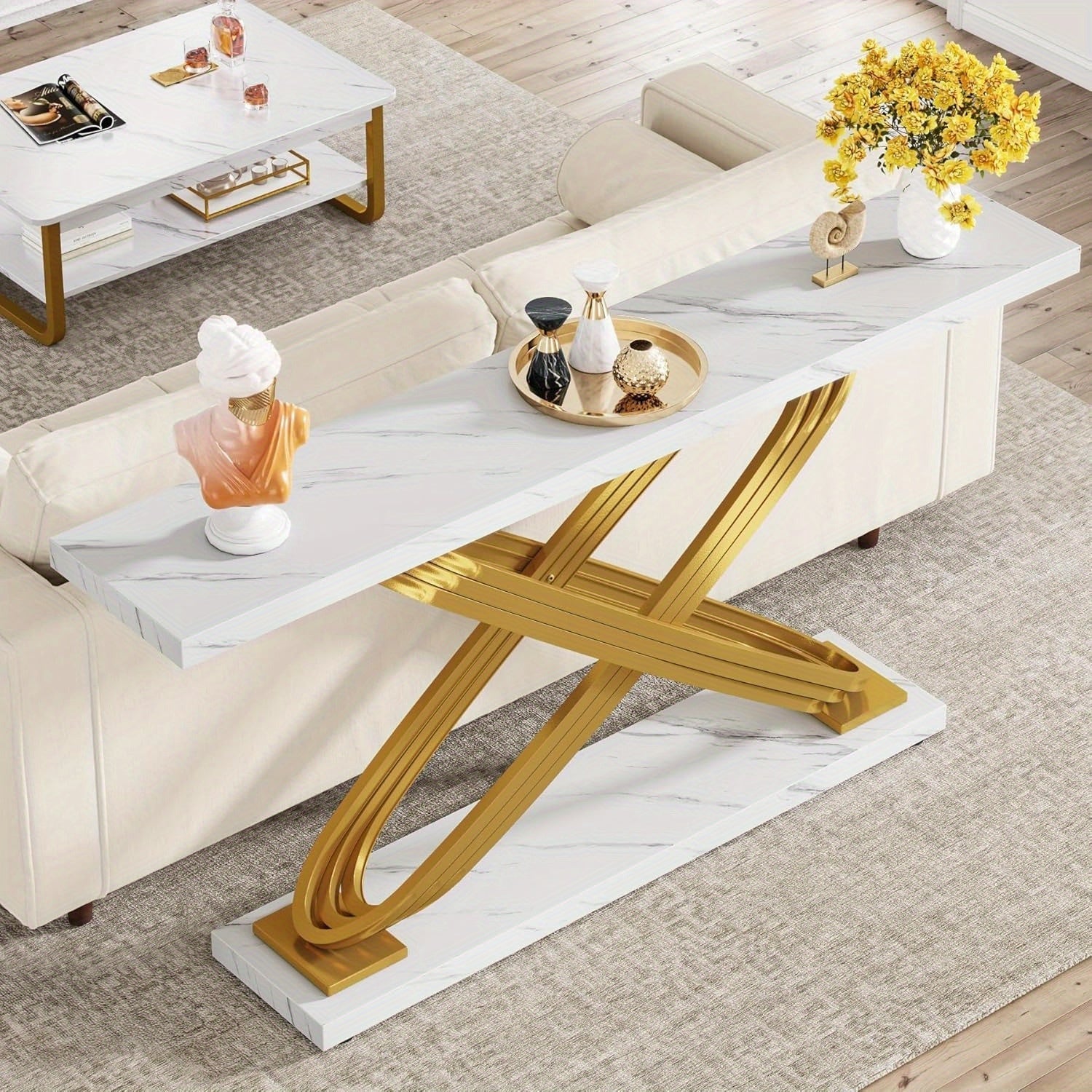 140 cm Modern Console Table, Faux Marble Gold Entryway Table Behind Sofa Couch, Narrow Rectangular Sofa Table for Living Room, Bedroom, Front Hall, Hallway, Gold & White