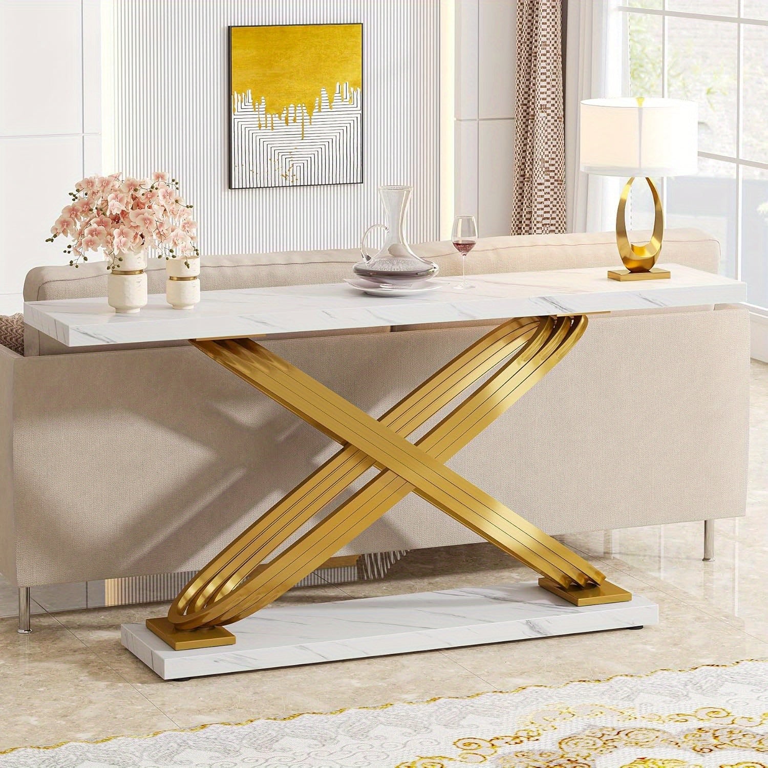 140 cm Modern Console Table, Faux Marble Gold Entryway Table Behind Sofa Couch, Narrow Rectangular Sofa Table for Living Room, Bedroom, Front Hall, Hallway, Gold & White