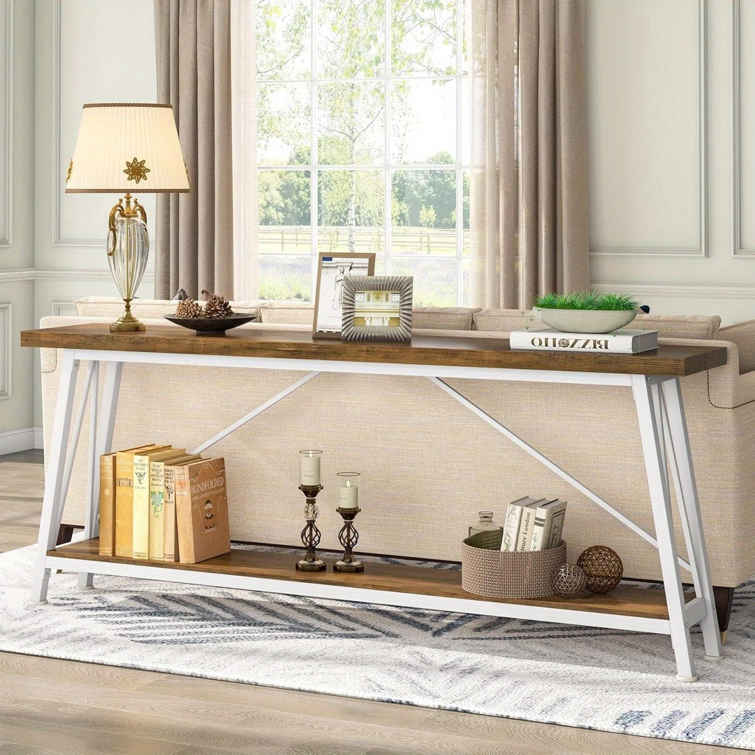 1pc Contemporary Extra Long Sofa Table, Space-Saving Hardwood Console with Leg Base for Hallway, Entryway & Living Room - No Electricity Needed (Dimensions in cm)