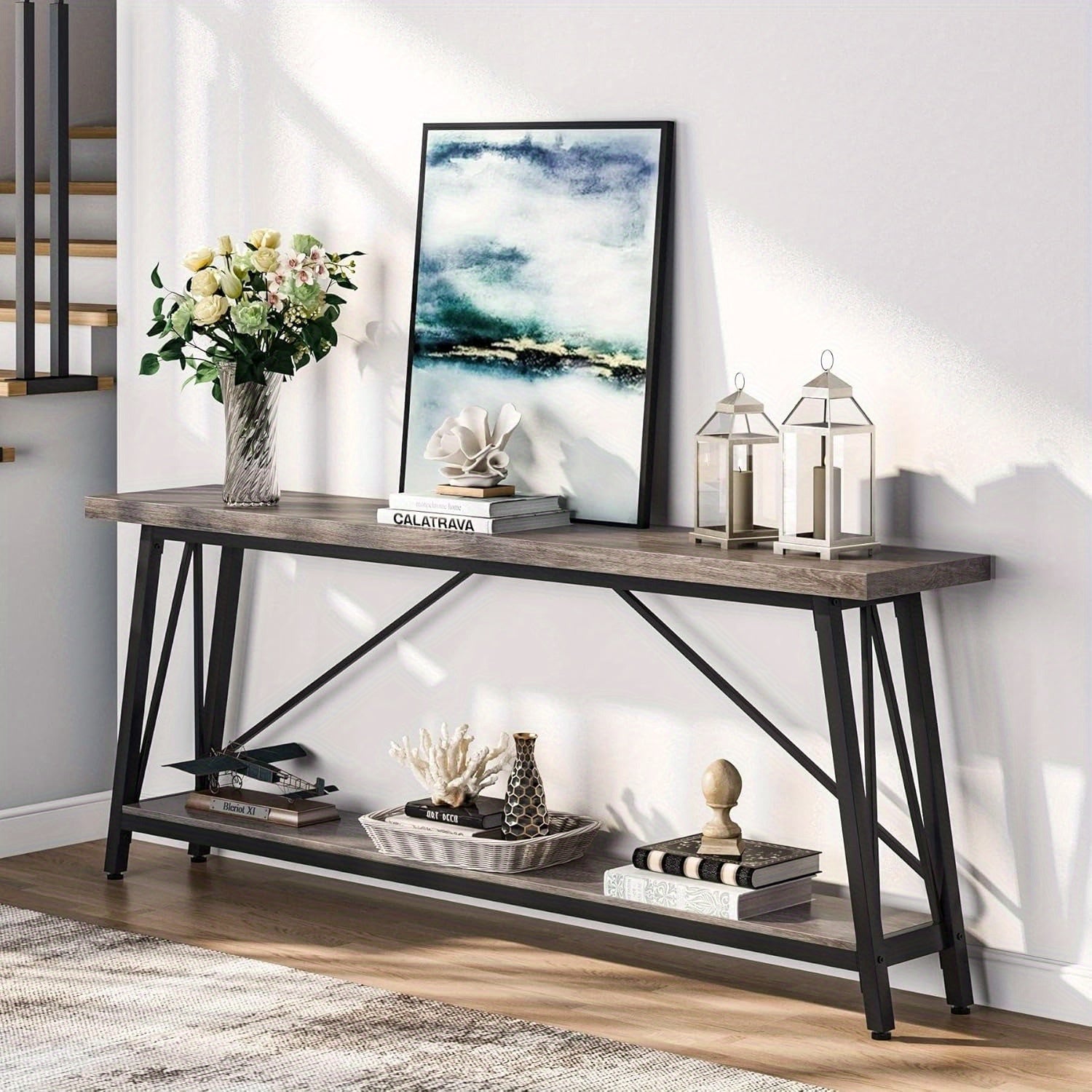 1pc Contemporary Extra Long Sofa Table, Space-Saving Hardwood Console with Leg Base for Hallway, Entryway & Living Room - No Electricity Needed (Dimensions in cm)