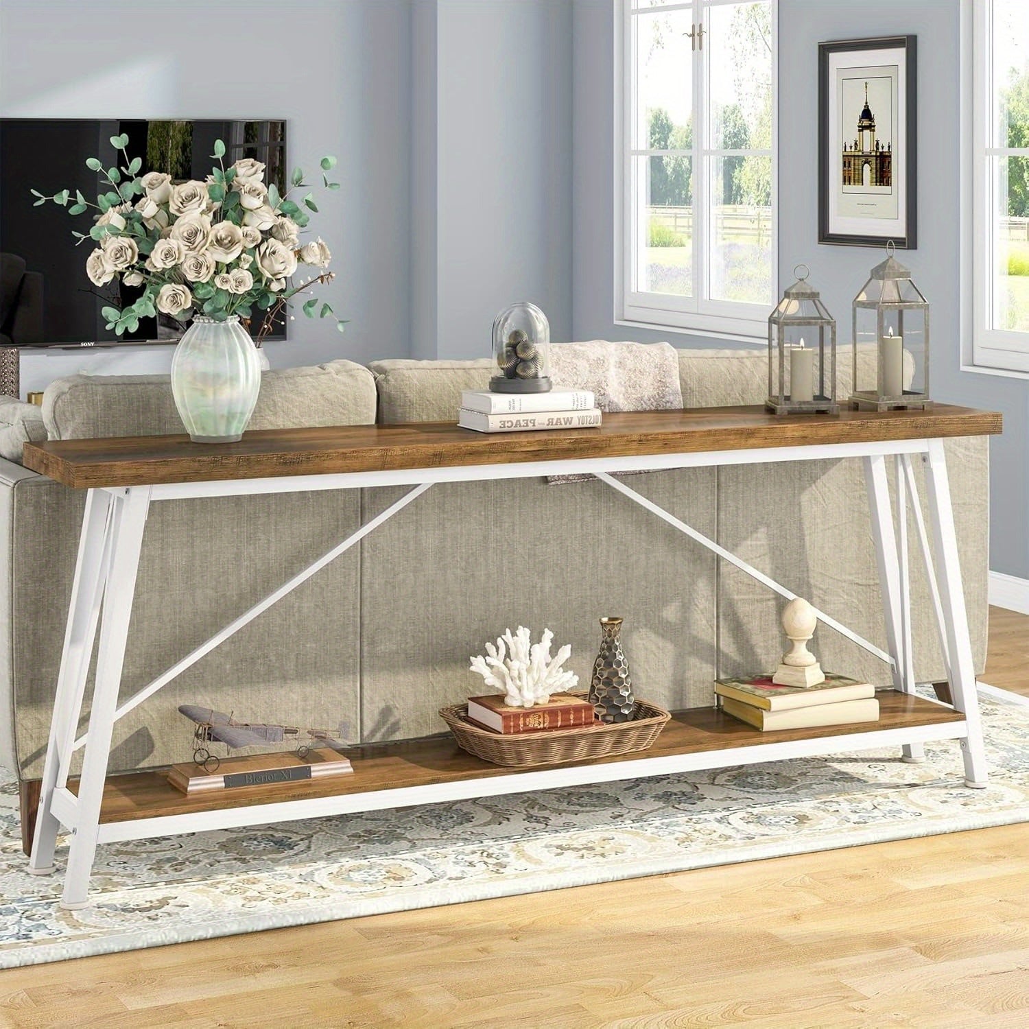 1pc Contemporary Extra Long Sofa Table, Space-Saving Hardwood Console with Leg Base for Hallway, Entryway & Living Room - No Electricity Needed (Dimensions in cm)