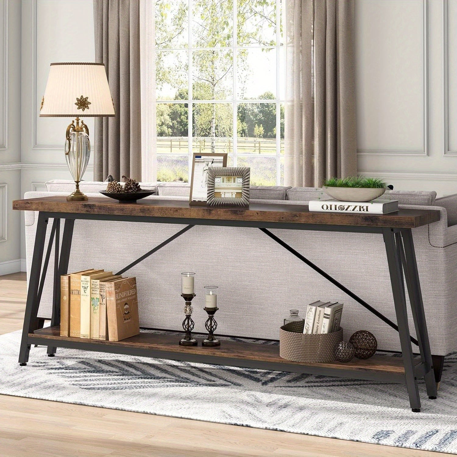 1pc Contemporary Extra Long Sofa Table, Space-Saving Hardwood Console with Leg Base for Hallway, Entryway & Living Room - No Electricity Needed (Dimensions in cm)