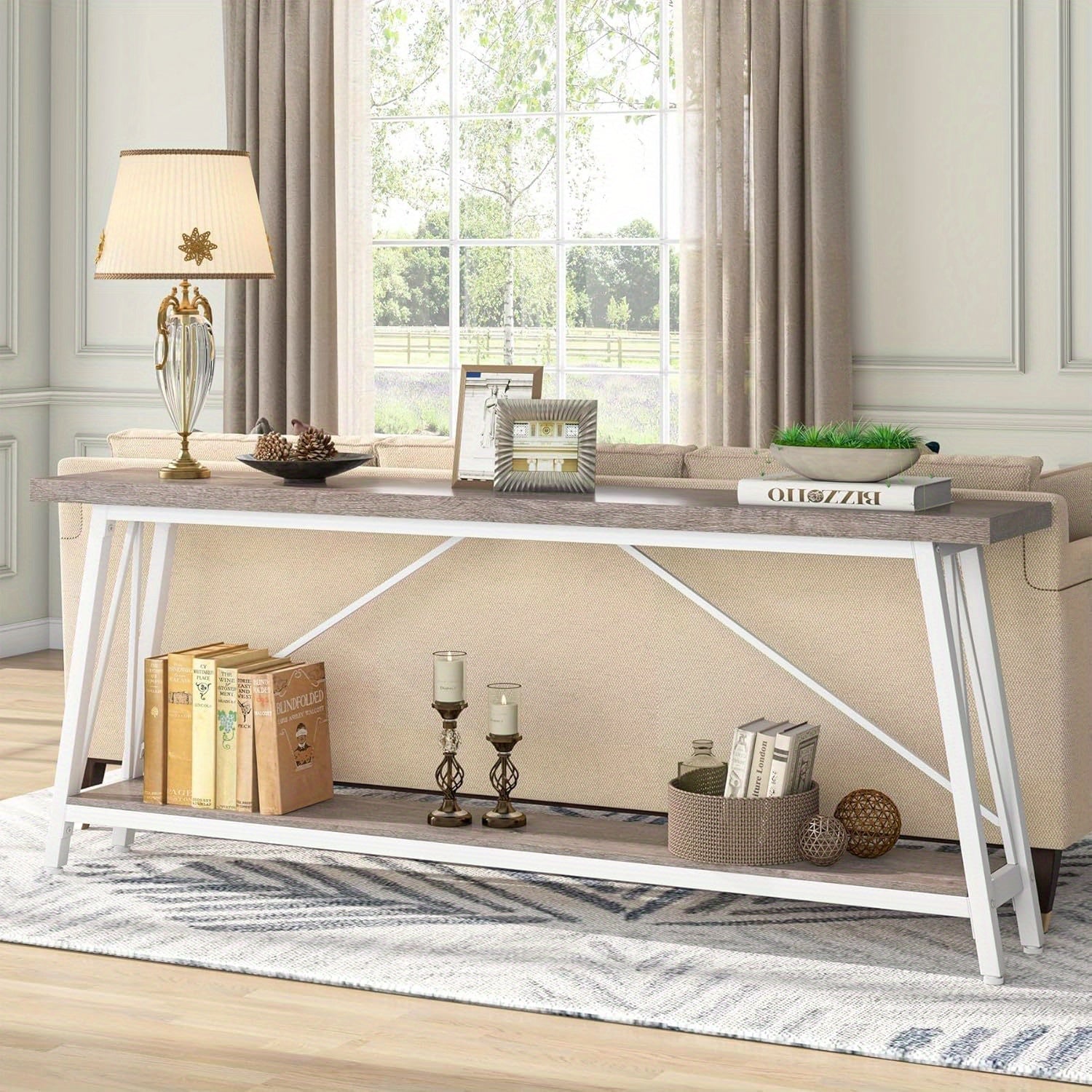 1pc Contemporary Extra Long Sofa Table, Space-Saving Hardwood Console with Leg Base for Hallway, Entryway & Living Room - No Electricity Needed (Dimensions in cm)