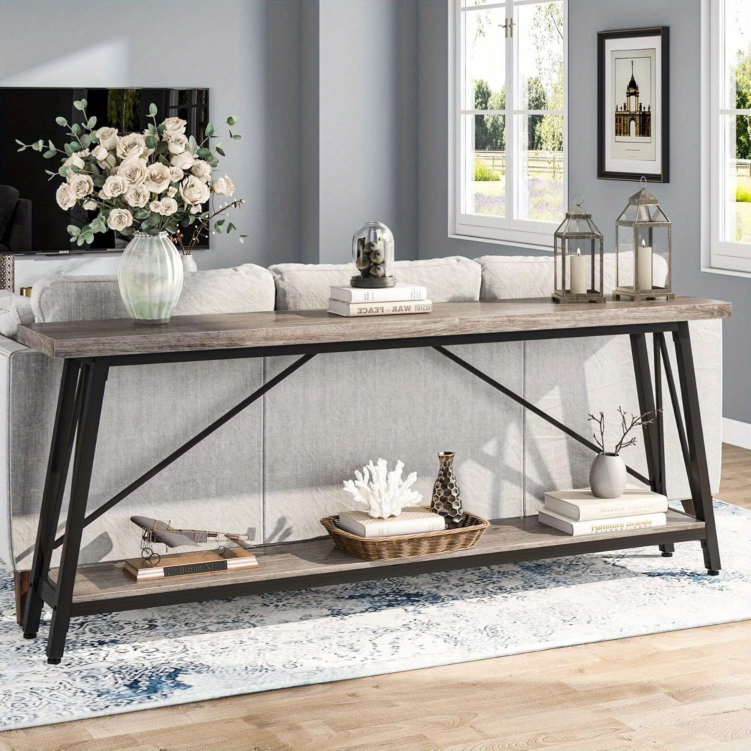 1pc Contemporary Extra Long Sofa Table, Space-Saving Hardwood Console with Leg Base for Hallway, Entryway & Living Room - No Electricity Needed (Dimensions in cm)