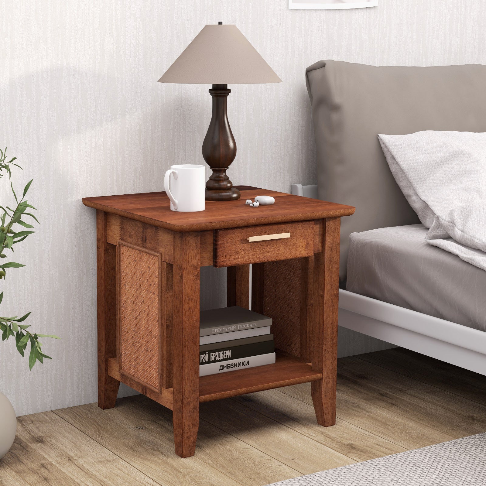 Rattan Nightstand with Drawer, Mid Century End Table with Storage Shelf, Square Bedside Table with Solid Rubber Wood Legs, Sofa Side Table for Living Room, Bedroom, Small Spaces, Walnut