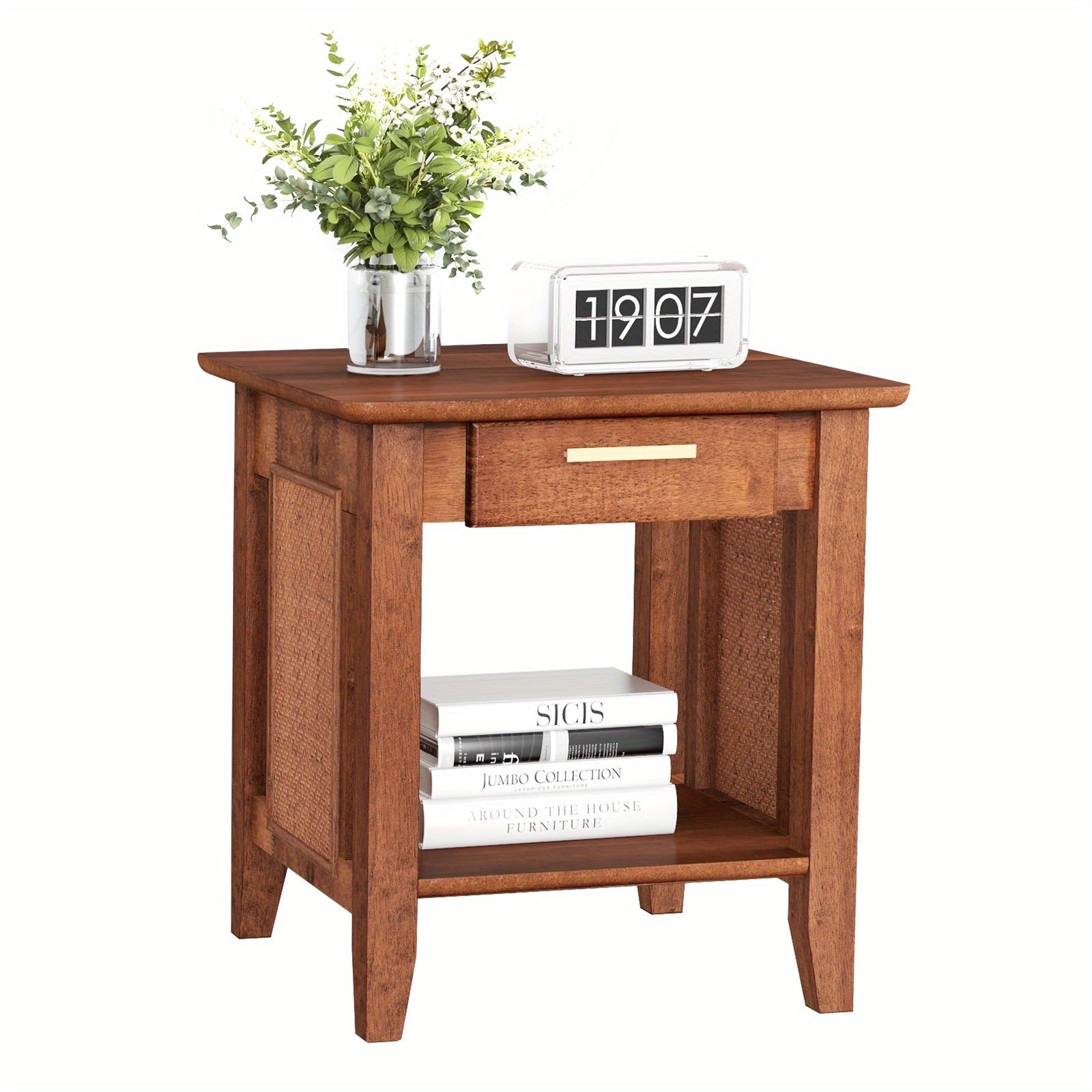 Rattan Nightstand with Drawer, Mid Century End Table with Storage Shelf, Square Bedside Table with Solid Rubber Wood Legs, Sofa Side Table for Living Room, Bedroom, Small Spaces, Walnut