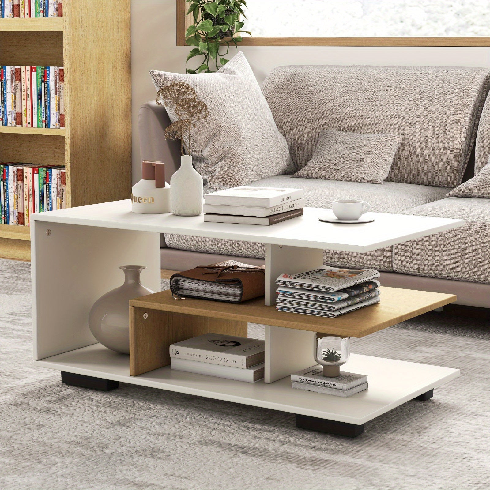 Title:Coffee Table with Storage, Modern Rectangular Center Table with L-shaped Middle Shelf, Versatile 3-Tier Geometric Table for Living Room, Reception Room, Natural and White/Rustic Brown, Desk & Drawer Organizer f