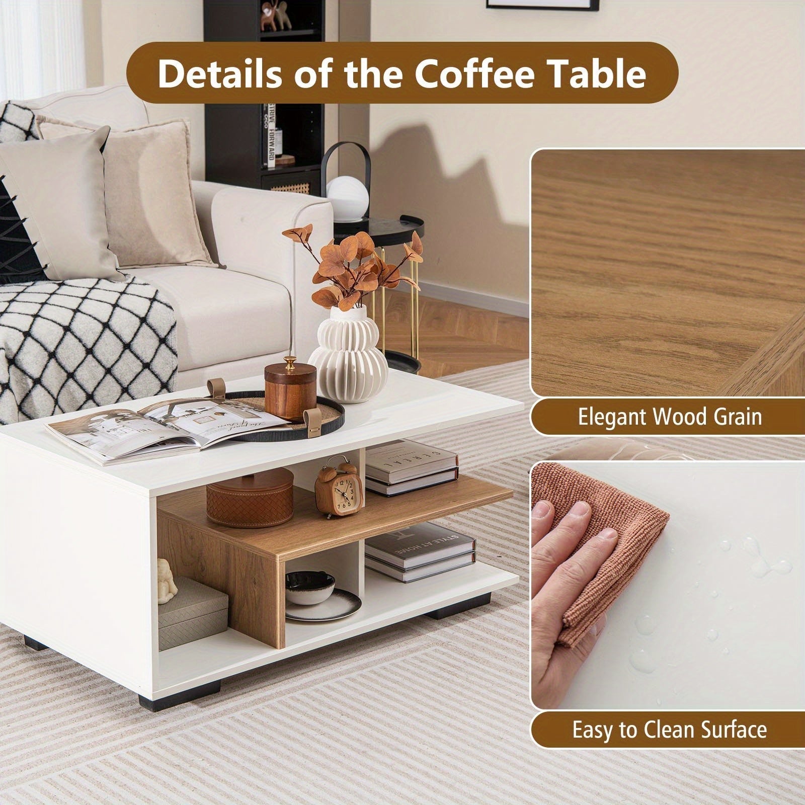 Title:Coffee Table with Storage, Modern Rectangular Center Table with L-shaped Middle Shelf, Versatile 3-Tier Geometric Table for Living Room, Reception Room, Natural and White/Rustic Brown, Desk & Drawer Organizer f