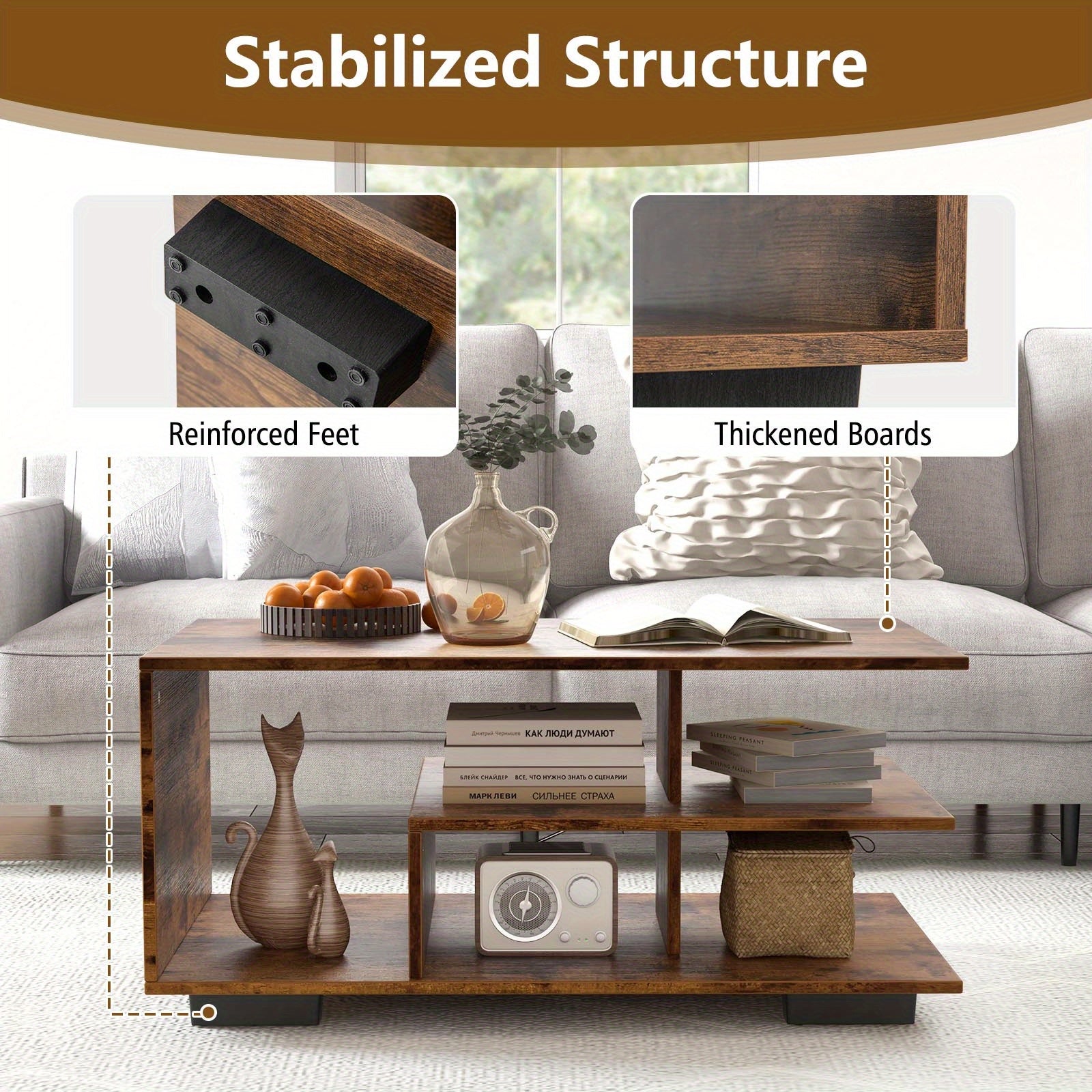 Title:Coffee Table with Storage, Modern Rectangular Center Table with L-shaped Middle Shelf, Versatile 3-Tier Geometric Table for Living Room, Reception Room, Natural and White/Rustic Brown, Desk & Drawer Organizer f