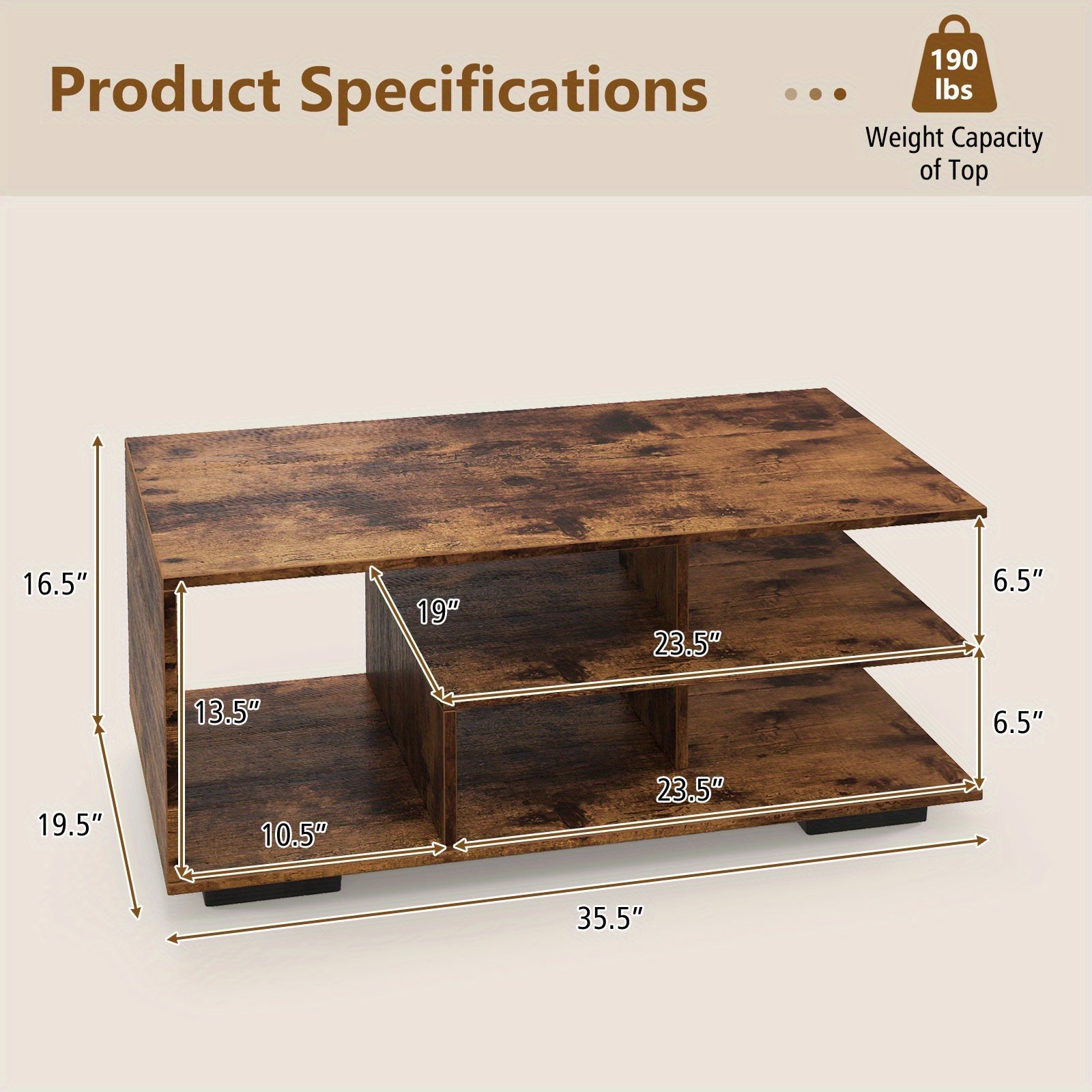 Title:Coffee Table with Storage, Modern Rectangular Center Table with L-shaped Middle Shelf, Versatile 3-Tier Geometric Table for Living Room, Reception Room, Natural and White/Rustic Brown, Desk & Drawer Organizer f