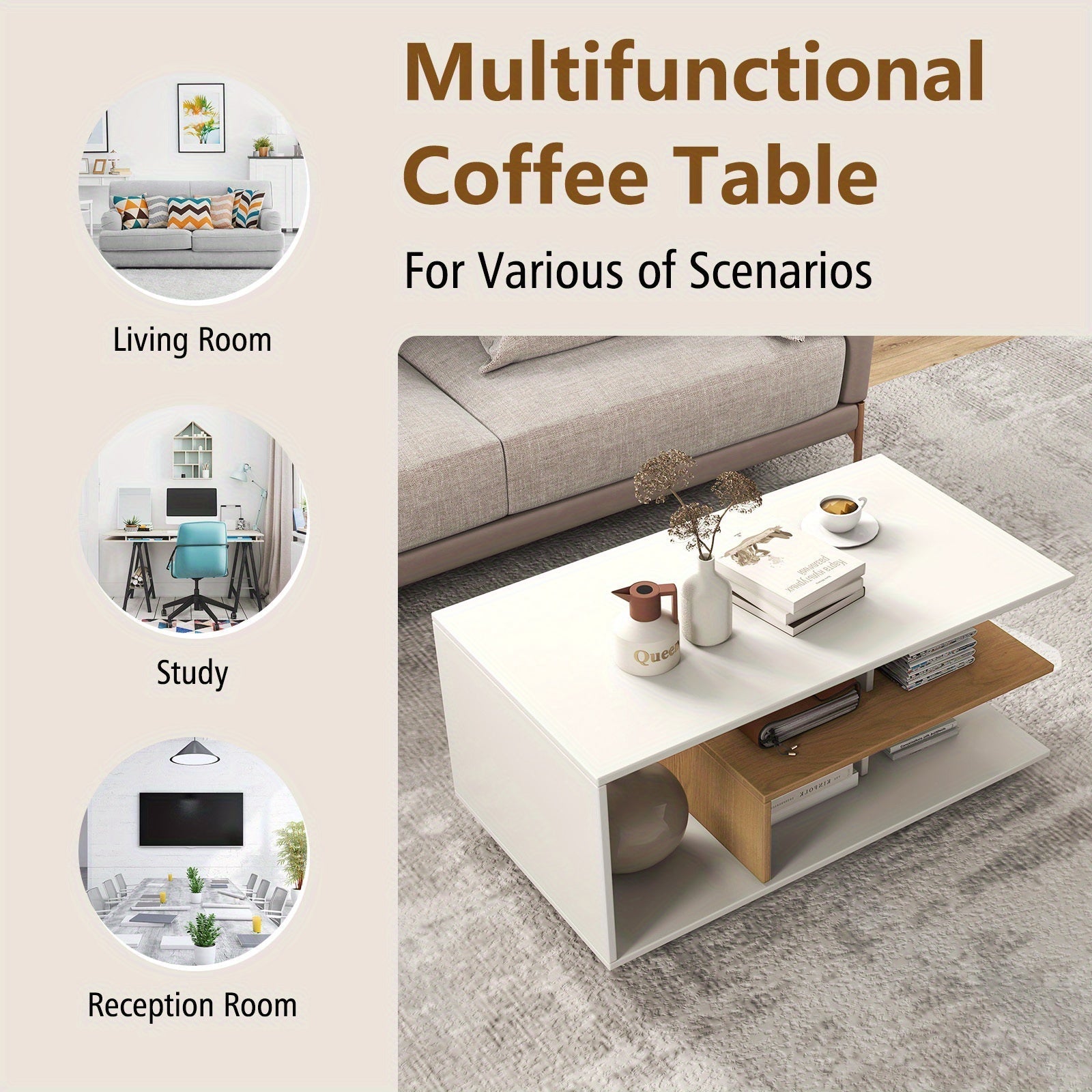 Title:Coffee Table with Storage, Modern Rectangular Center Table with L-shaped Middle Shelf, Versatile 3-Tier Geometric Table for Living Room, Reception Room, Natural and White/Rustic Brown, Desk & Drawer Organizer f