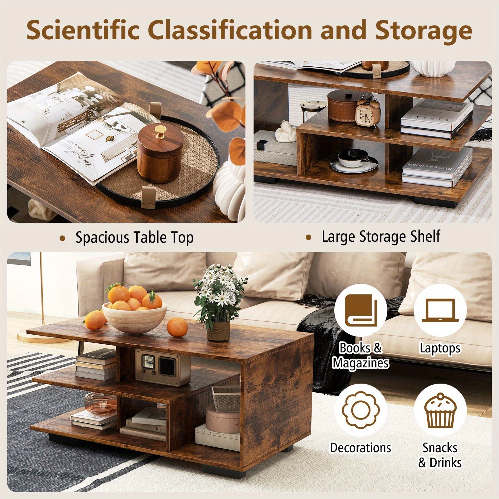 Title:Coffee Table with Storage, Modern Rectangular Center Table with L-shaped Middle Shelf, Versatile 3-Tier Geometric Table for Living Room, Reception Room, Natural and White/Rustic Brown, Desk & Drawer Organizer f