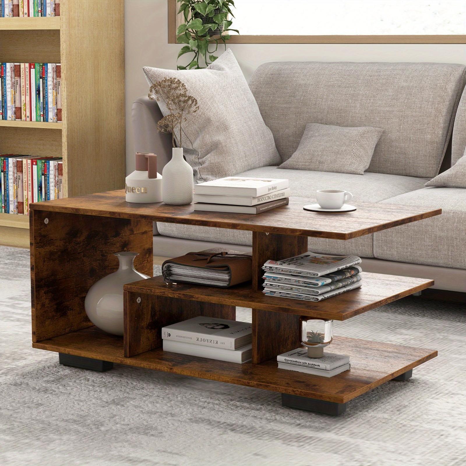 Title:Coffee Table with Storage, Modern Rectangular Center Table with L-shaped Middle Shelf, Versatile 3-Tier Geometric Table for Living Room, Reception Room, Natural and White/Rustic Brown, Desk & Drawer Organizer f