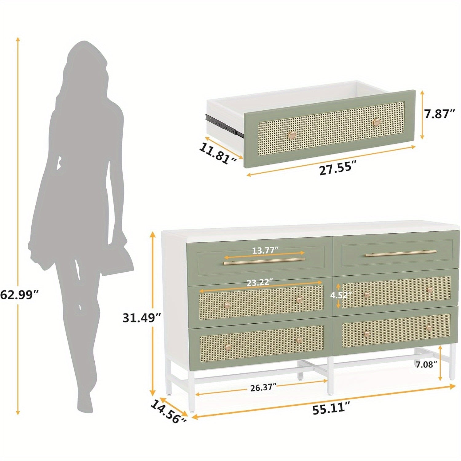 6 Drawer Dresser, Modern Rattan Dresser for Bedroom, 55 Inches Long Double Dresser, Wood Storage Organizer Chest of Drawers for Closet, Living Room, White and Green, Christmas Renewal