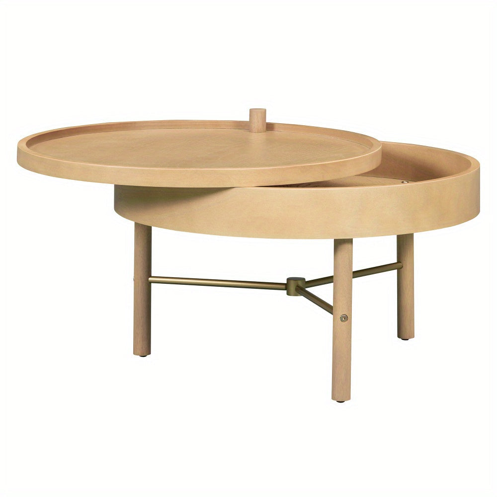 Modern Round Wood Rotating Tray Coffee Table with Storage & Metal Legs in Natural