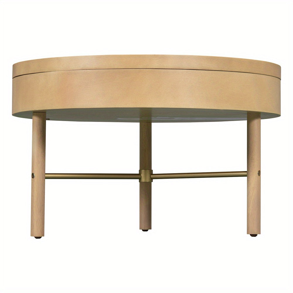 Modern Round Wood Rotating Tray Coffee Table with Storage & Metal Legs in Natural